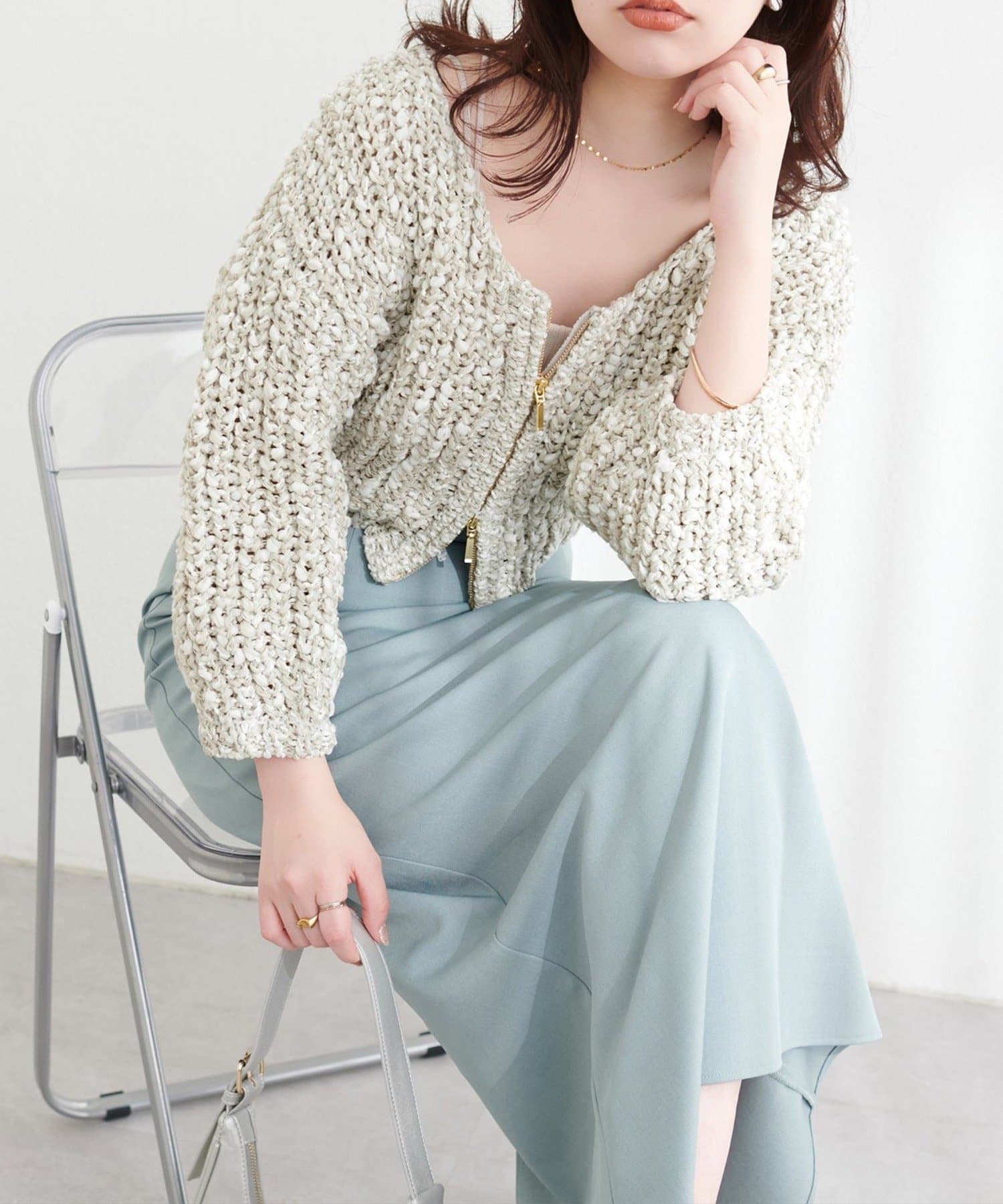 NICE CLAUP / OLIVE des OLIVE OUTLET(ナイスクラップ  / オリーブ デ オリーブ アウトレット) 【 natural couture】リボンヤーンショート丈カーデ