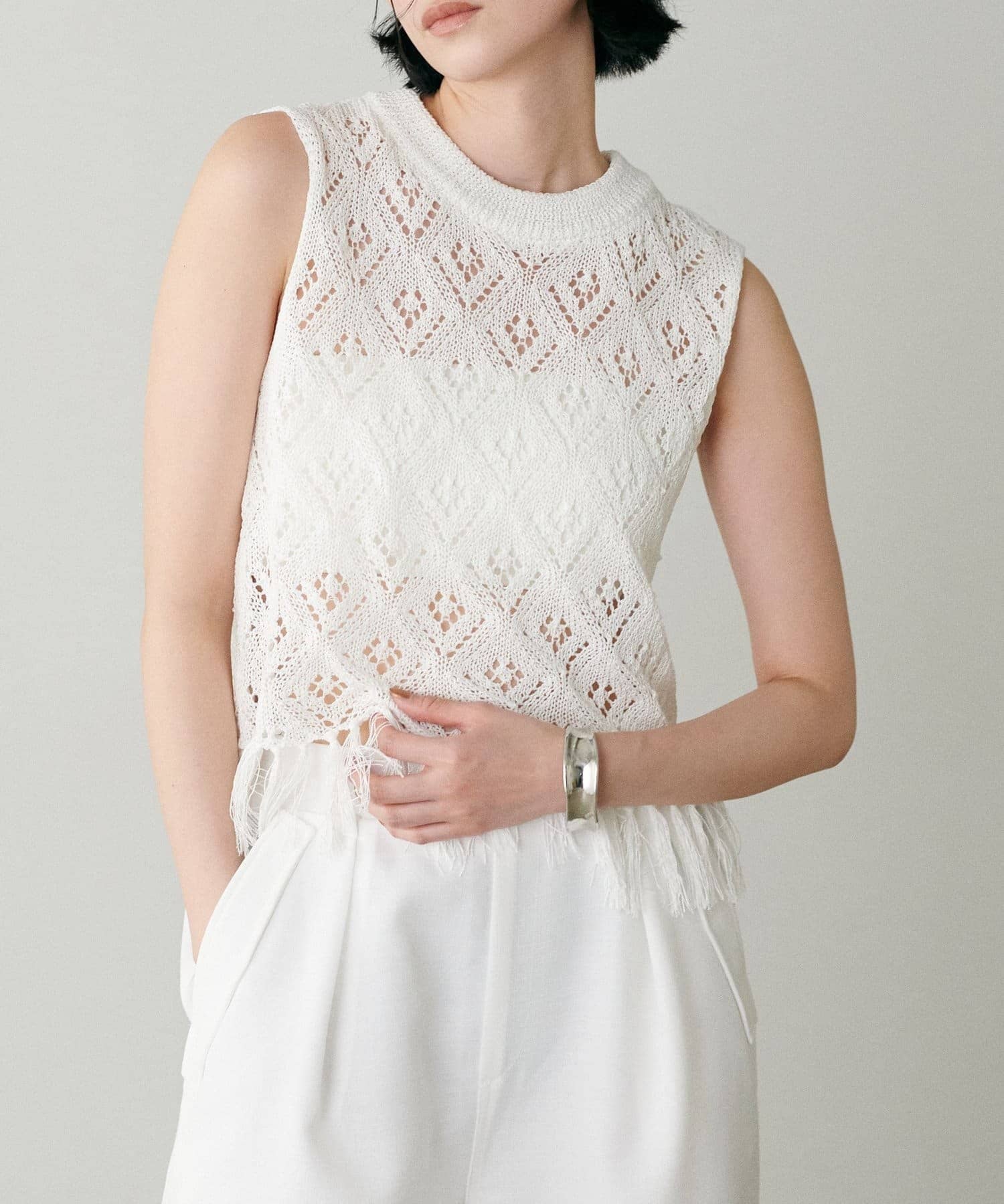 NICE CLAUP / OLIVE des OLIVE OUTLET(ナイスクラップ  / オリーブ デ オリーブ アウトレット) 【LARUTA】ダイヤ透かし柄フリンジベスト