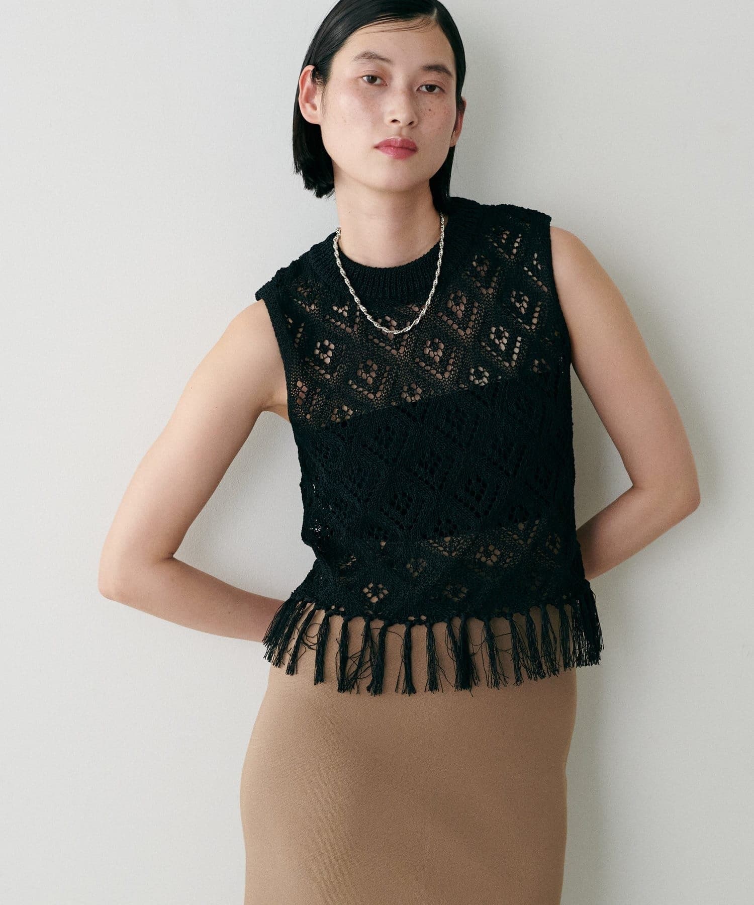 NICE CLAUP / OLIVE des OLIVE OUTLET(ナイスクラップ  / オリーブ デ オリーブ アウトレット) 【LARUTA】ダイヤ透かし柄フリンジベスト