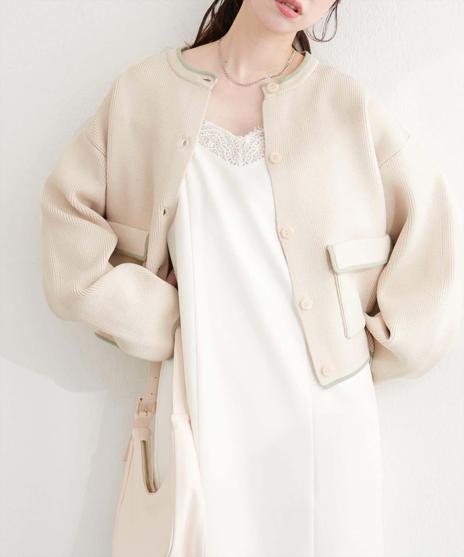 natural couture(ナチュラルクチュール) 配色クルーネックカーディガン