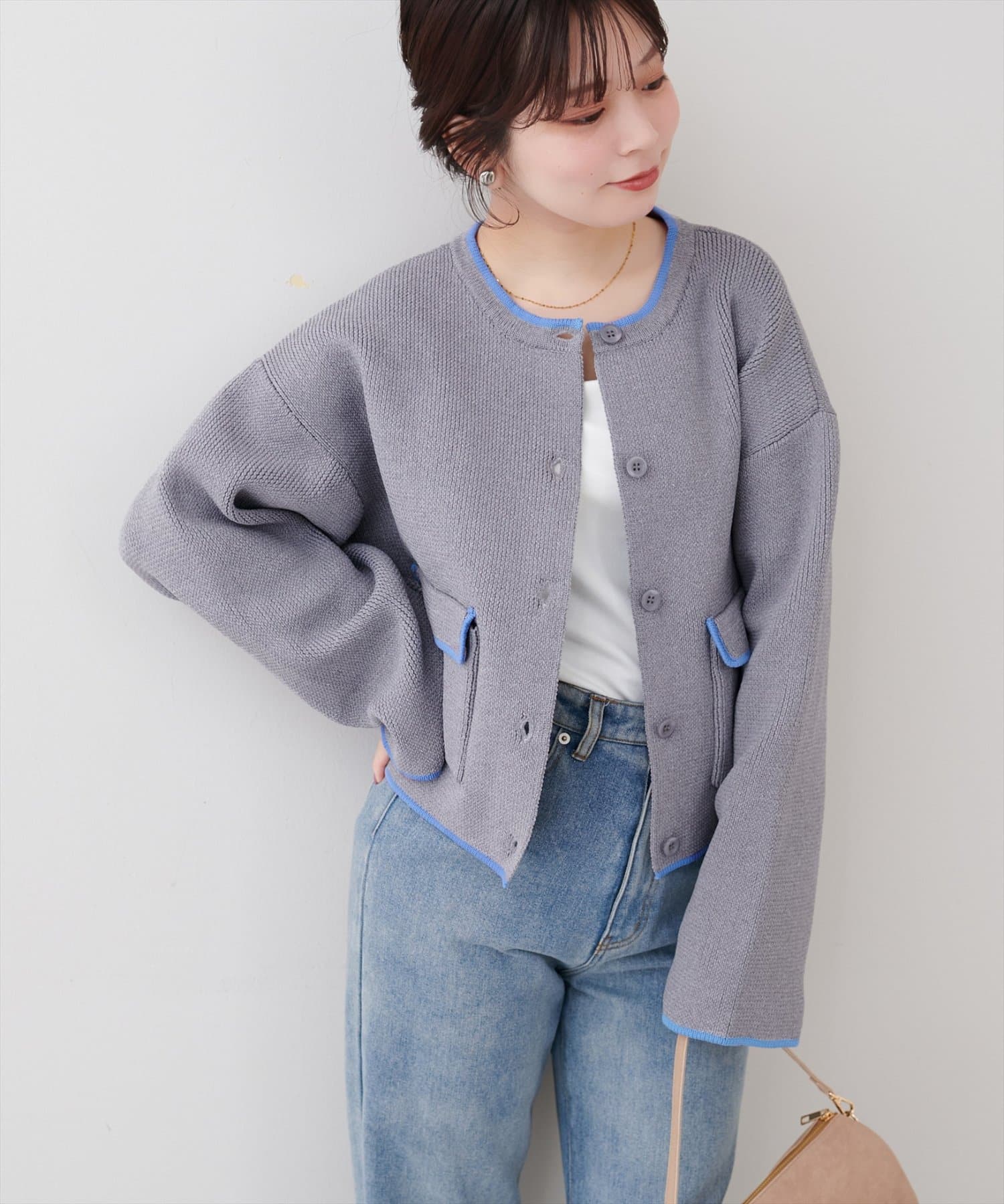 natural couture(ナチュラルクチュール) 配色クルーネックカーディガン