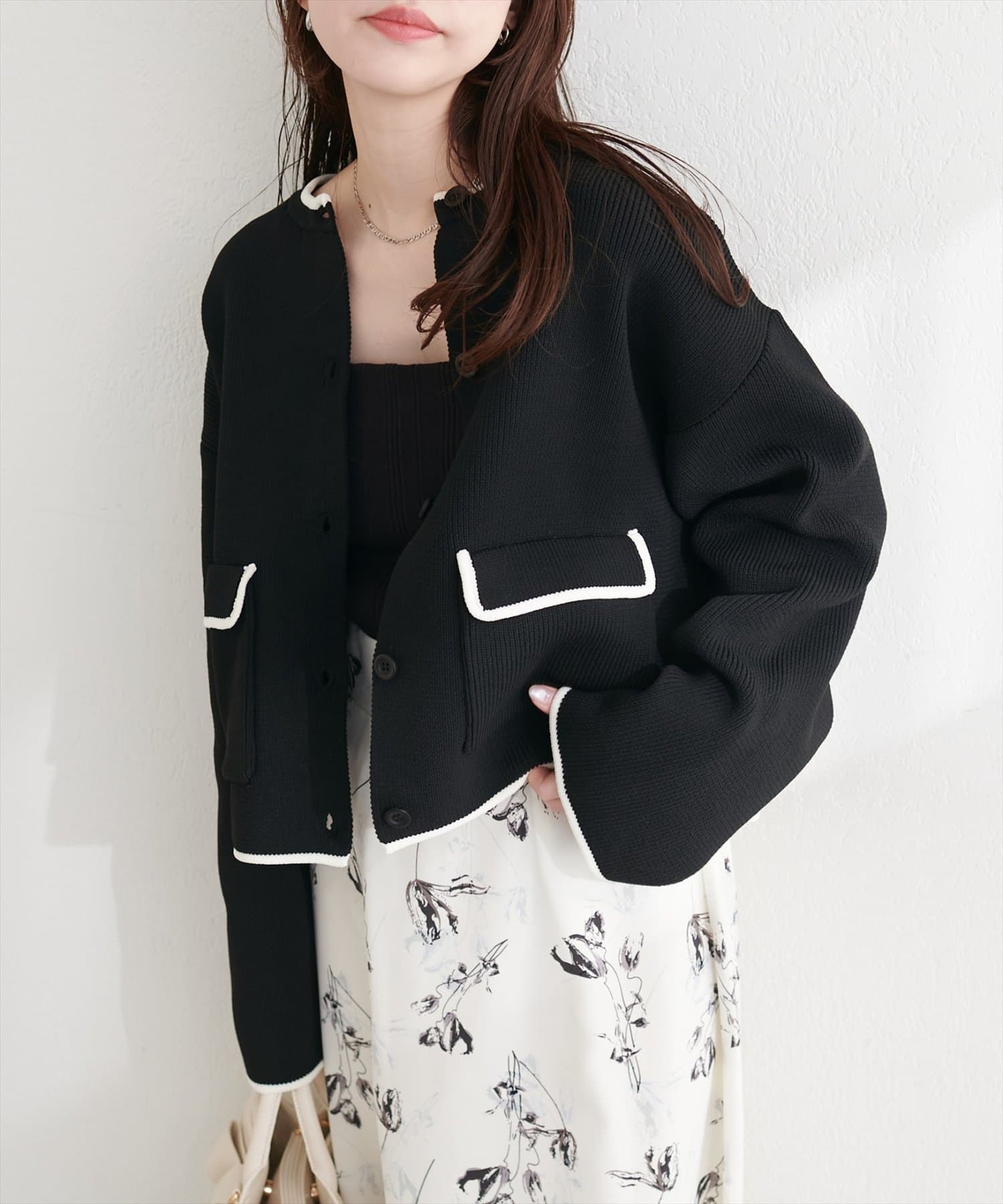 natural couture(ナチュラルクチュール) 配色クルーネックカーディガン