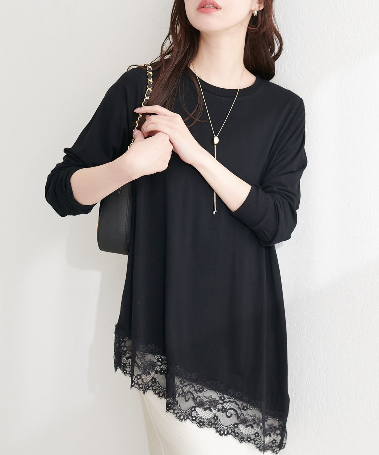 natural couture(ナチュラルクチュール) スムース天竺レース付きプルオーバー