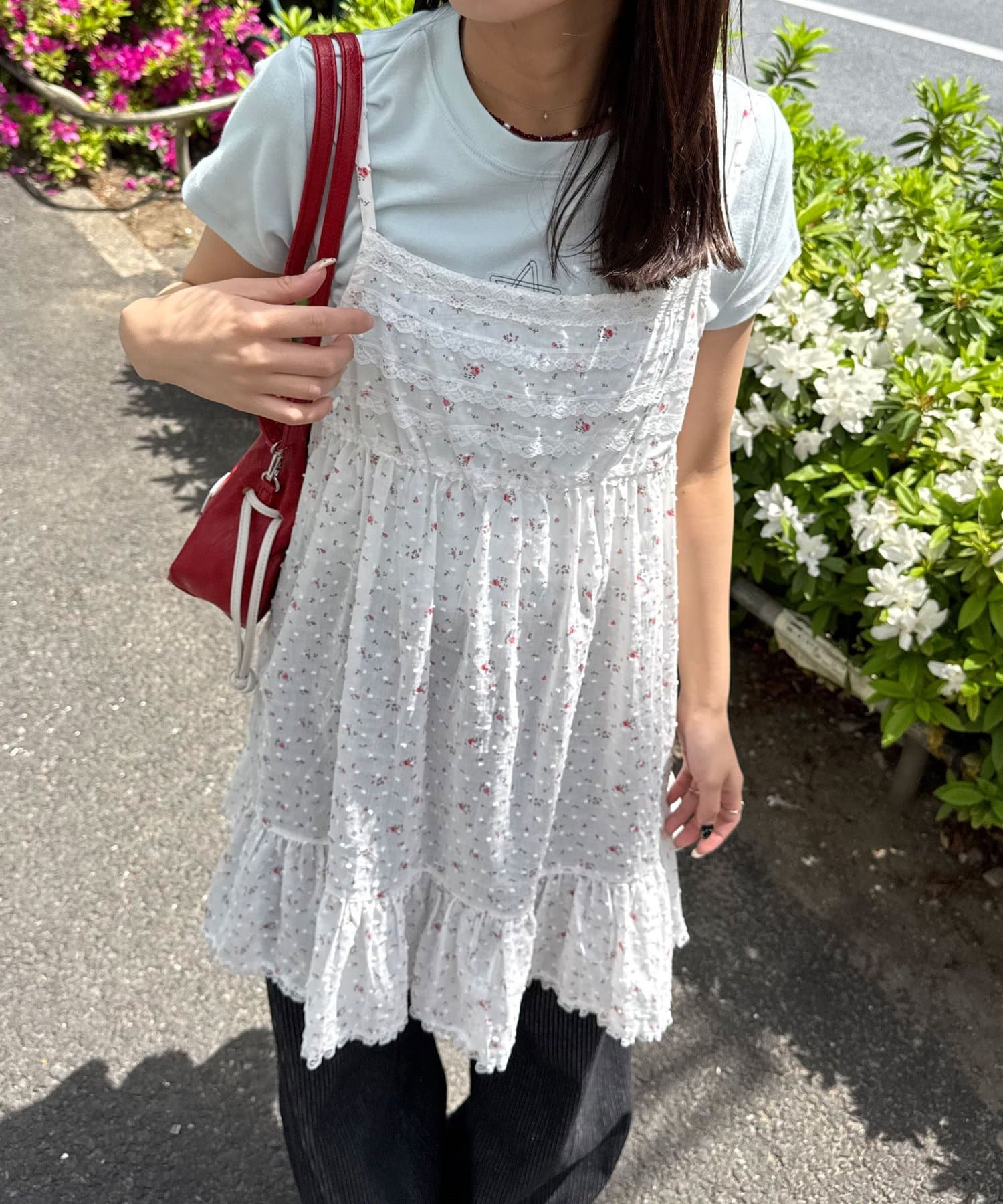 CIAOPANIC(チャオパニック) 【新色ピンク追加】レーステープコットンチュニックキャミワンピース