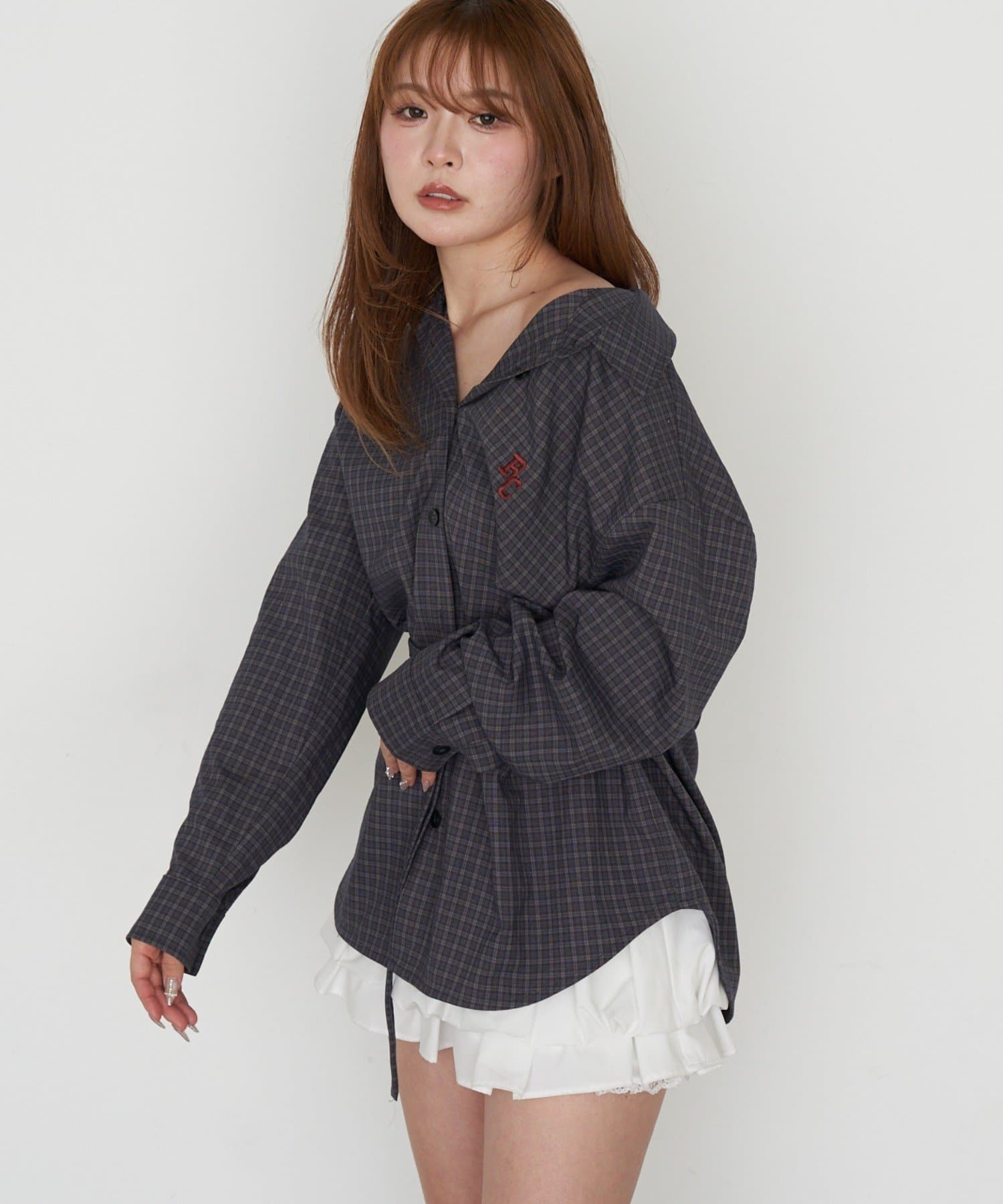 RAY CASSIN(レイカズン) 【SET UPで着られる！】オーバーサイズ胸刺繡チェックシャツ