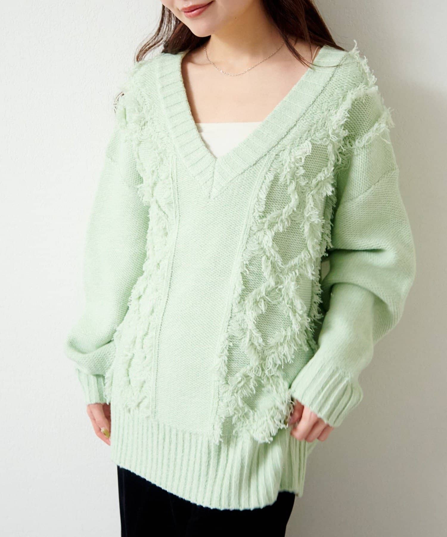 OUTLET(アウトレット) 【Kastane】ケーブルフリンジVネックニット