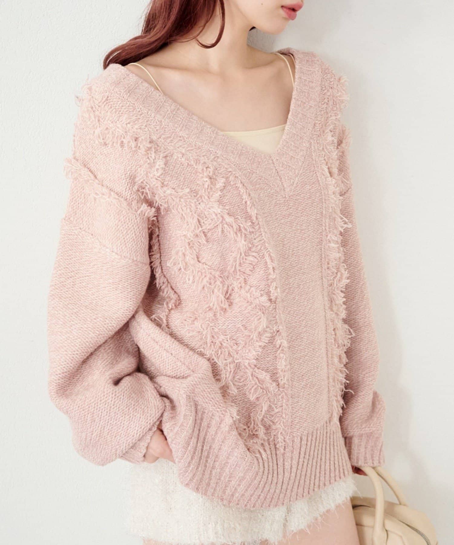 OUTLET(アウトレット) 【Kastane】ケーブルフリンジVネックニット