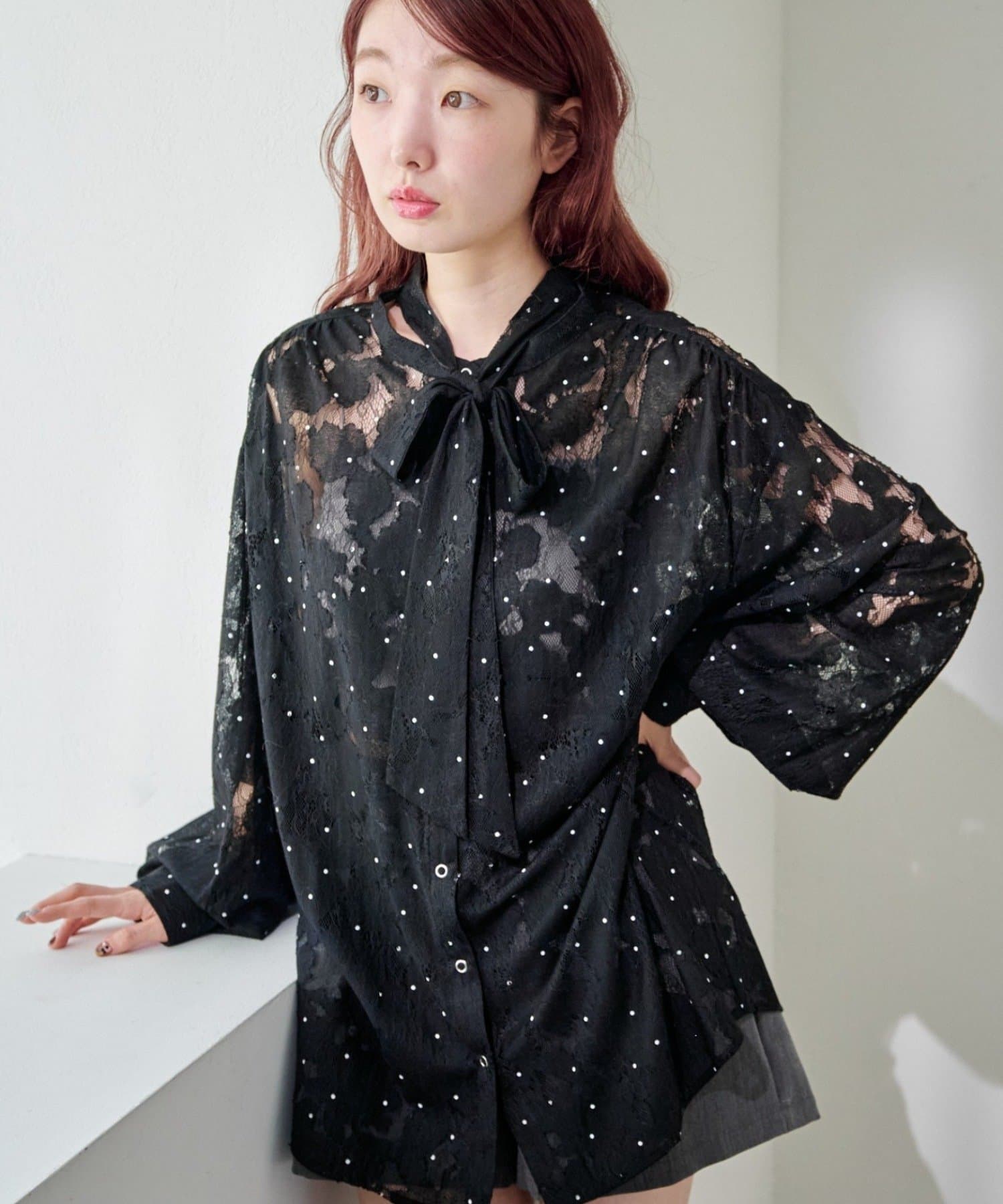 OUTLET(アウトレット) 【Kastane】ドットレースボウタイブラウス