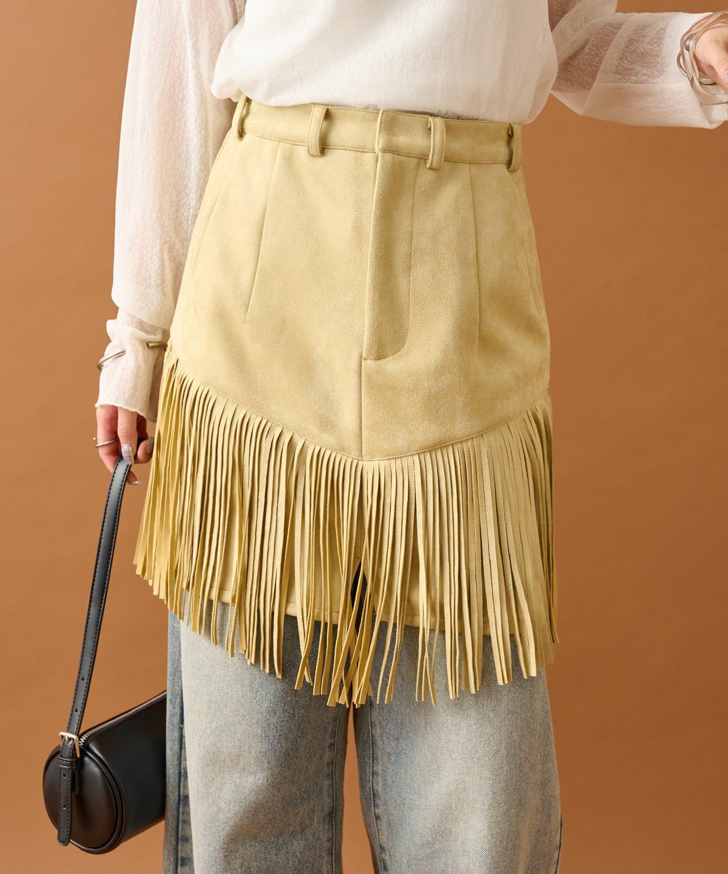 OUTLET(アウトレット) 【mystic】フェイクスウェードフリンジスカート