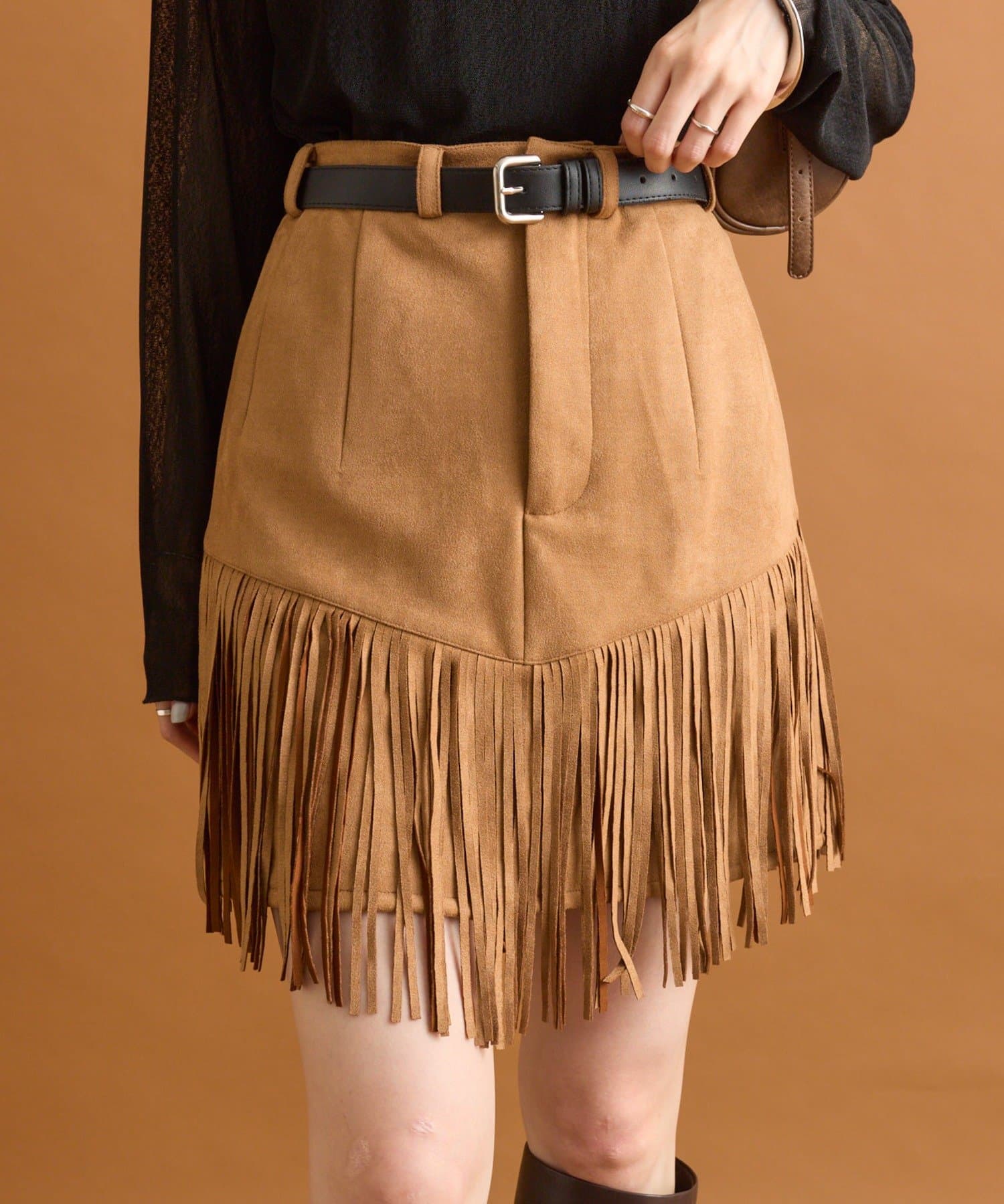 OUTLET(アウトレット) 【mystic】フェイクスウェードフリンジスカート