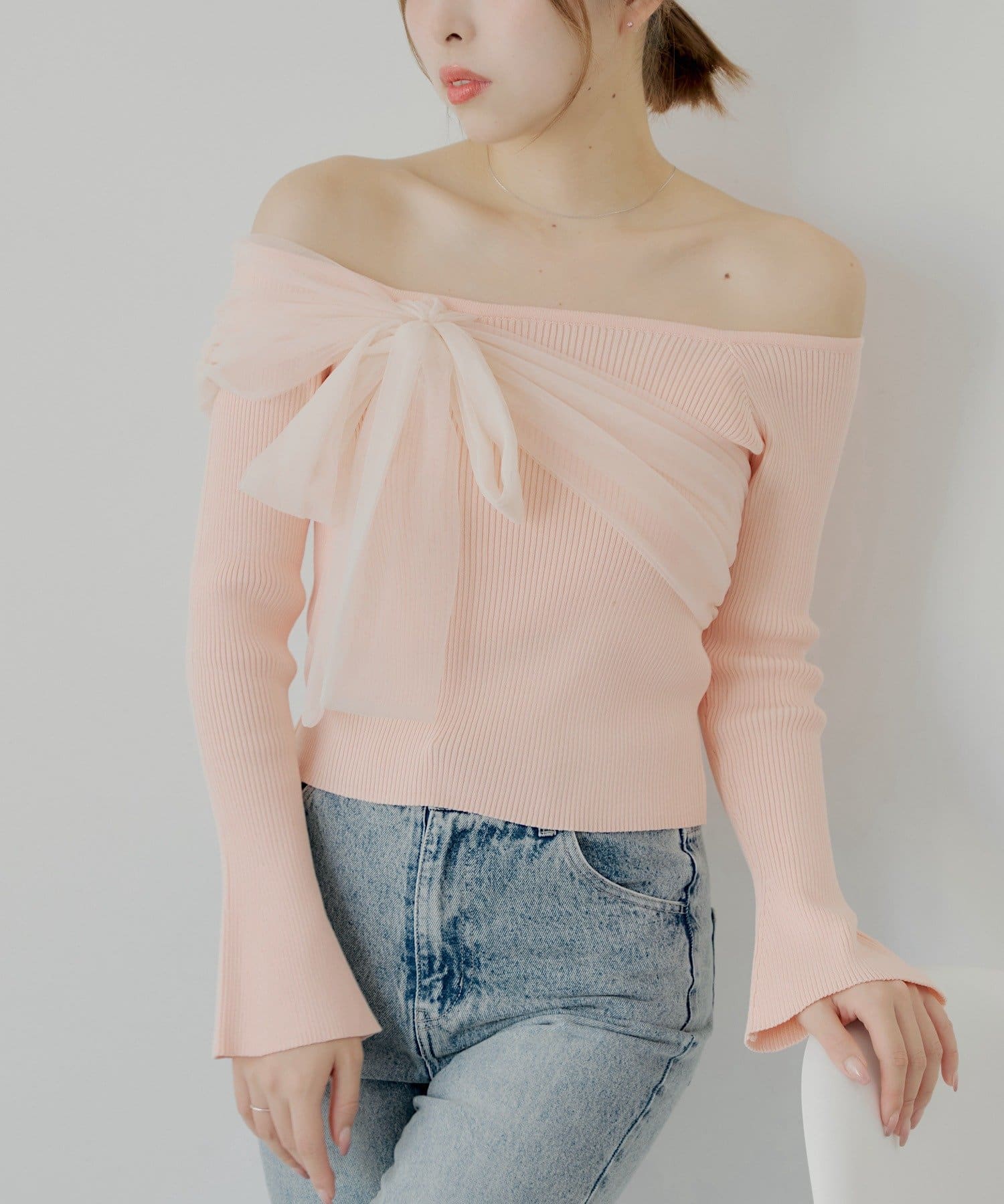 OUTLET(アウトレット) 【Chico】チュールオフショルリボンニット