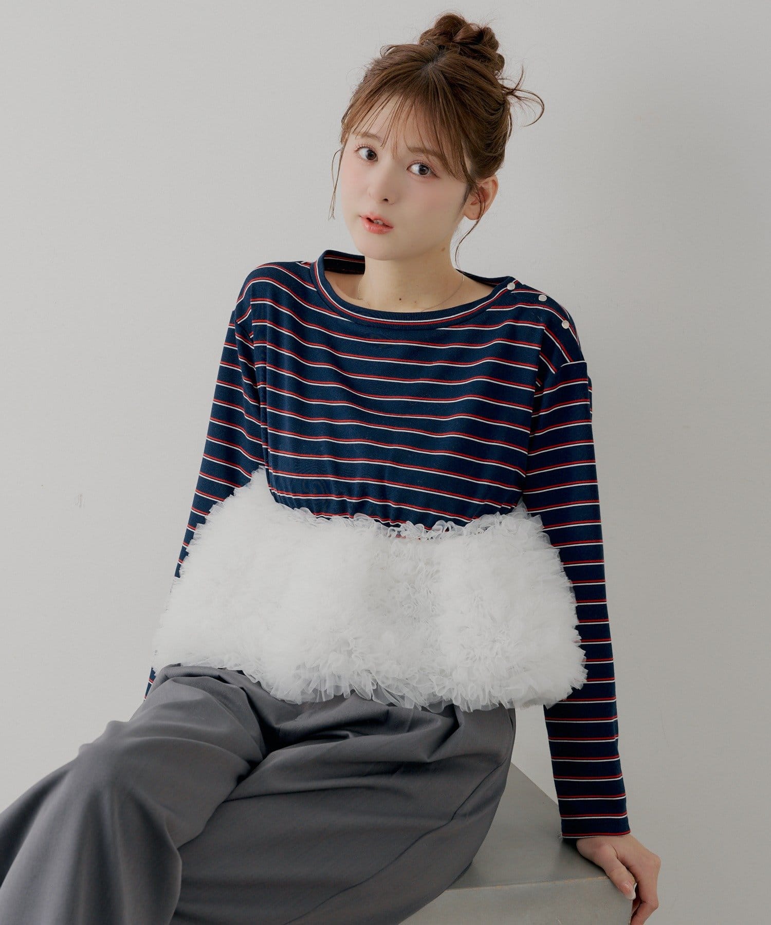 OUTLET(アウトレット) 【Chico】ボリュームチュールドッキングボーダーペプラムトップス