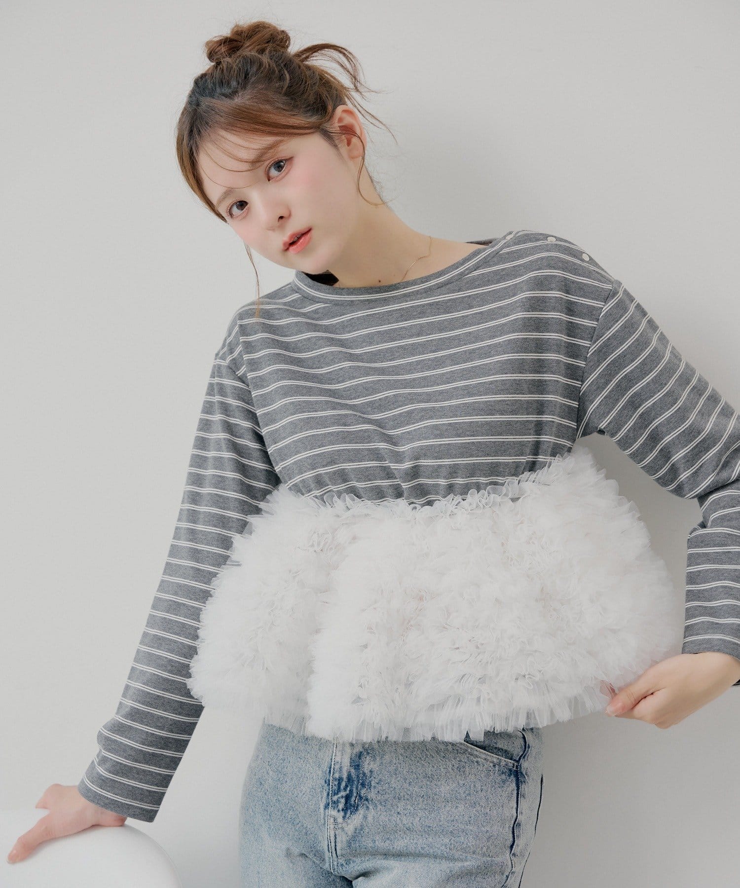 OUTLET(アウトレット) 【Chico】ボリュームチュールドッキングボーダーペプラムトップス