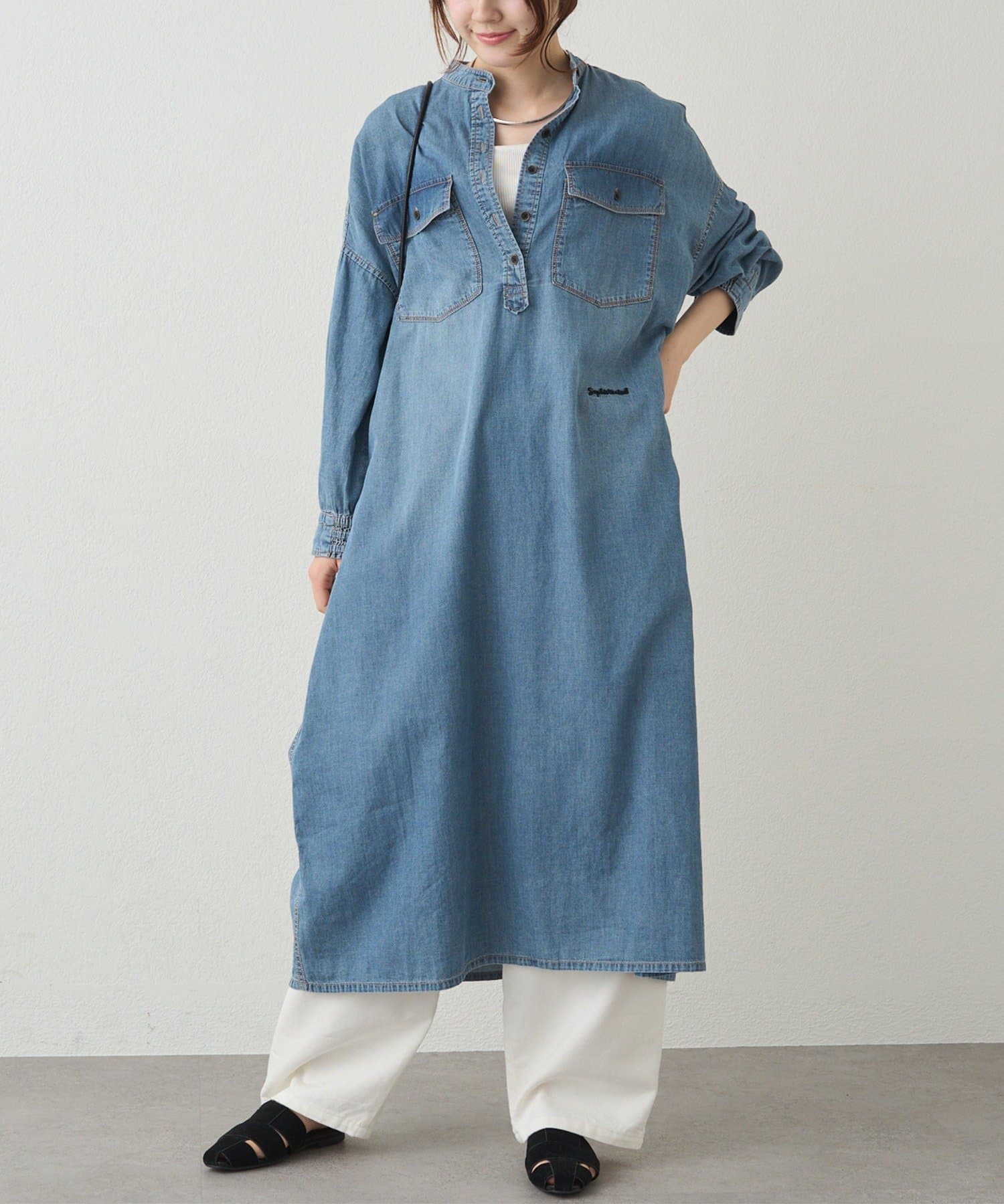 PUAL CE CIN(ピュアルセシン) ヴィンテージライクデニムバンドカラーワンピース