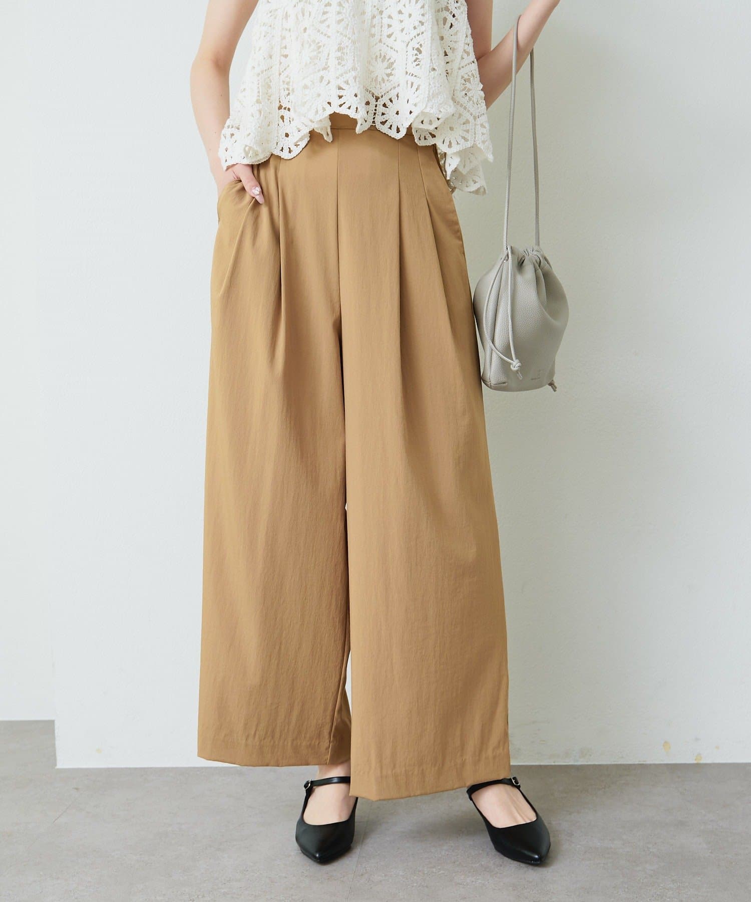 PUAL CE CIN(ピュアルセシン) レーヨンナイロンストレッチタックワイドパンツ