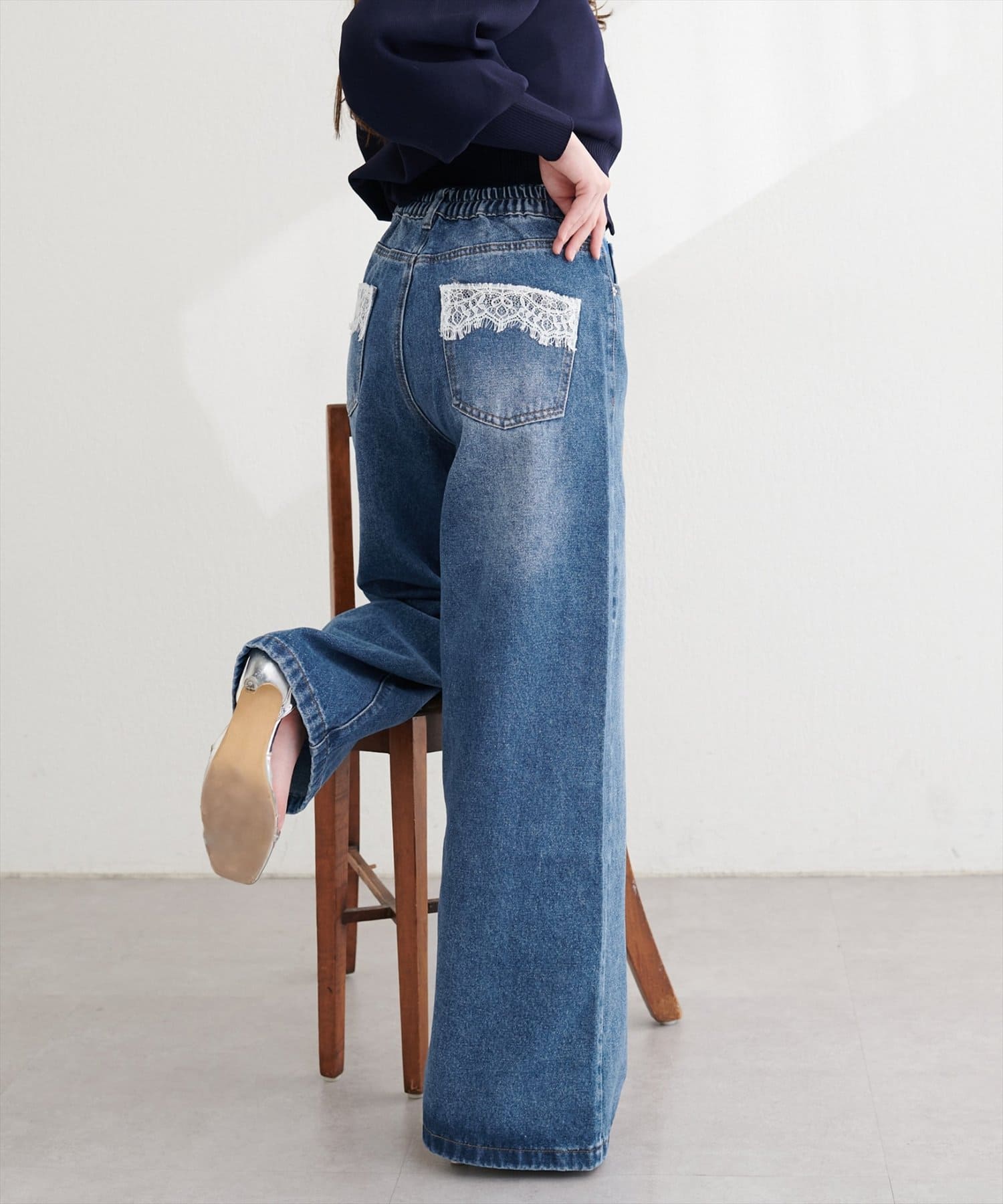 natural couture(ナチュラルクチュール) ポケットレースワイドデニムパンツ