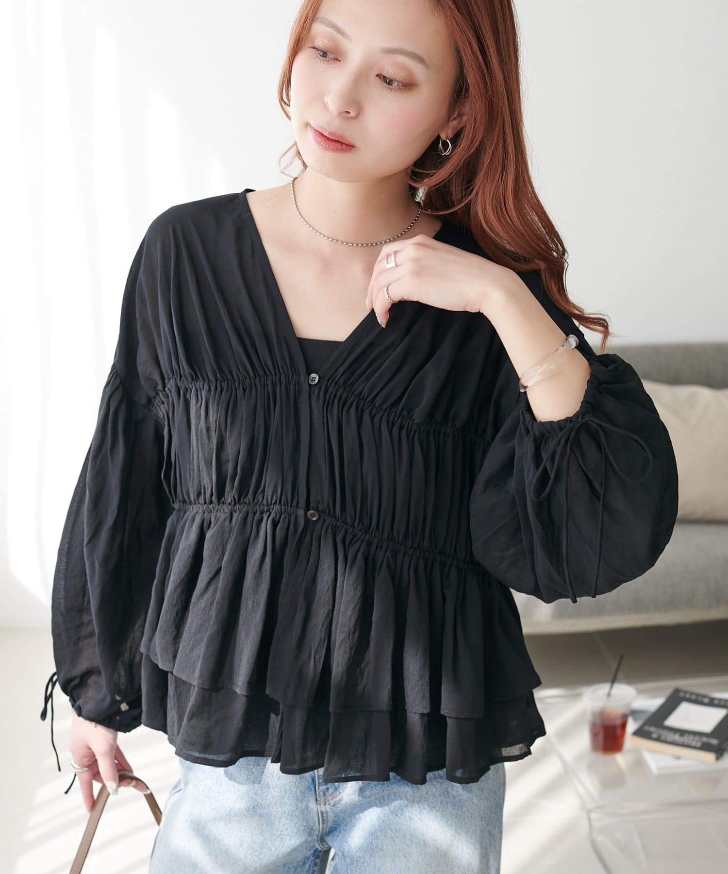 DISCOAT(ディスコート) ボイルギャザー前開きブラウス