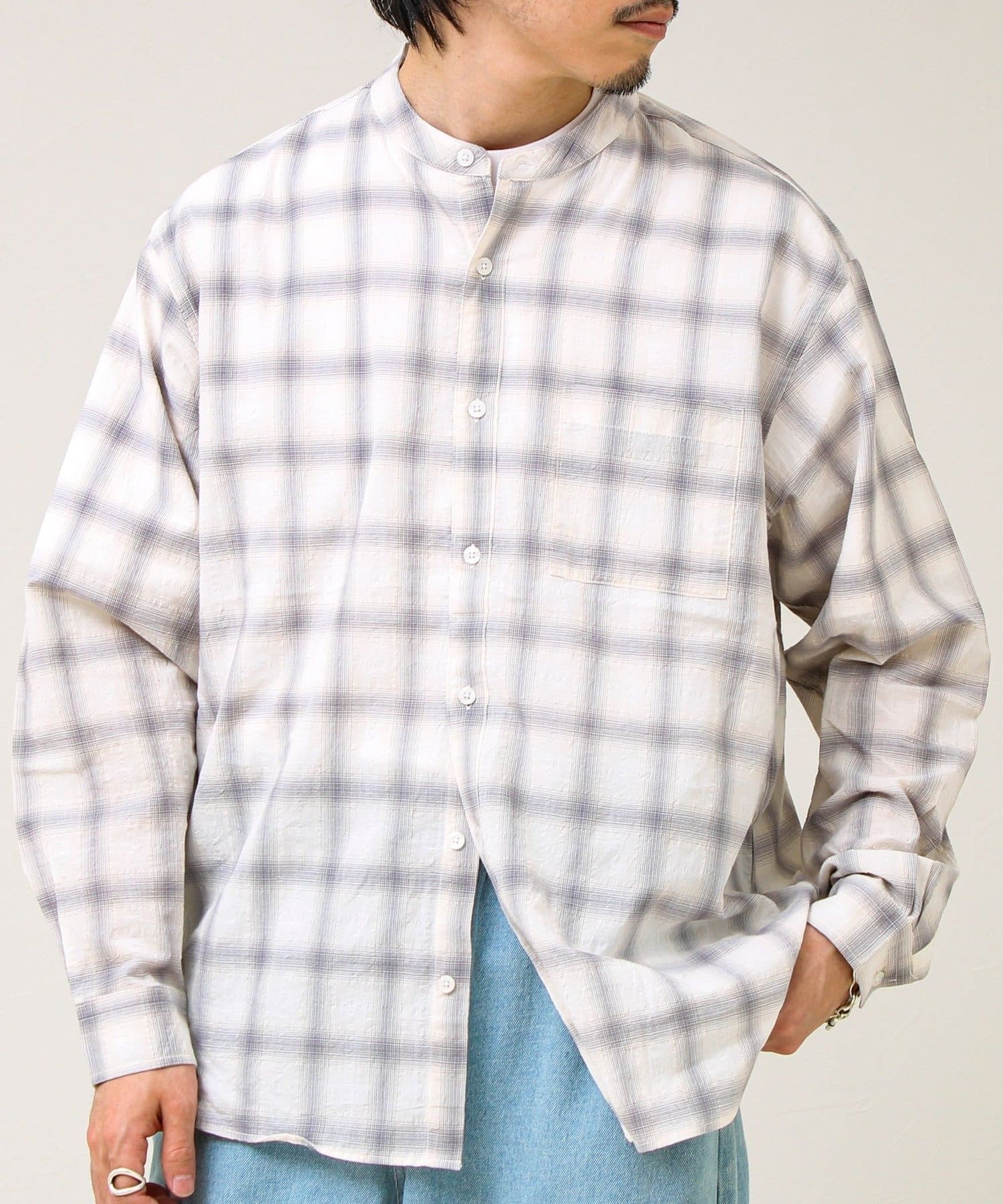 FREDY & GLOSTER(フレディ アンド グロスター) 【夏まで使える】テクスチャーバンドカラーチェックシャツ