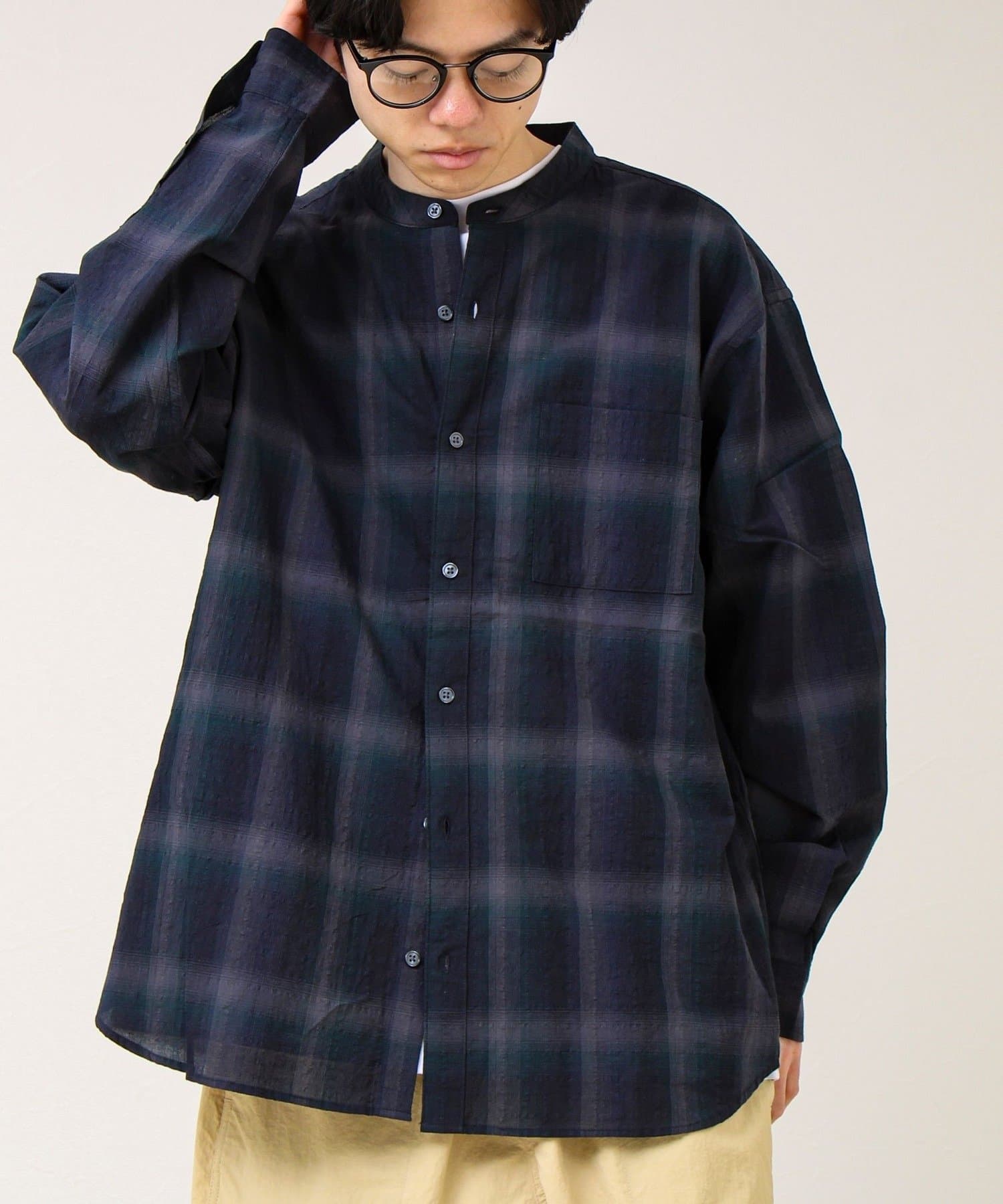 FREDY & GLOSTER(フレディ アンド グロスター) 【夏まで使える】テクスチャーバンドカラーチェックシャツ