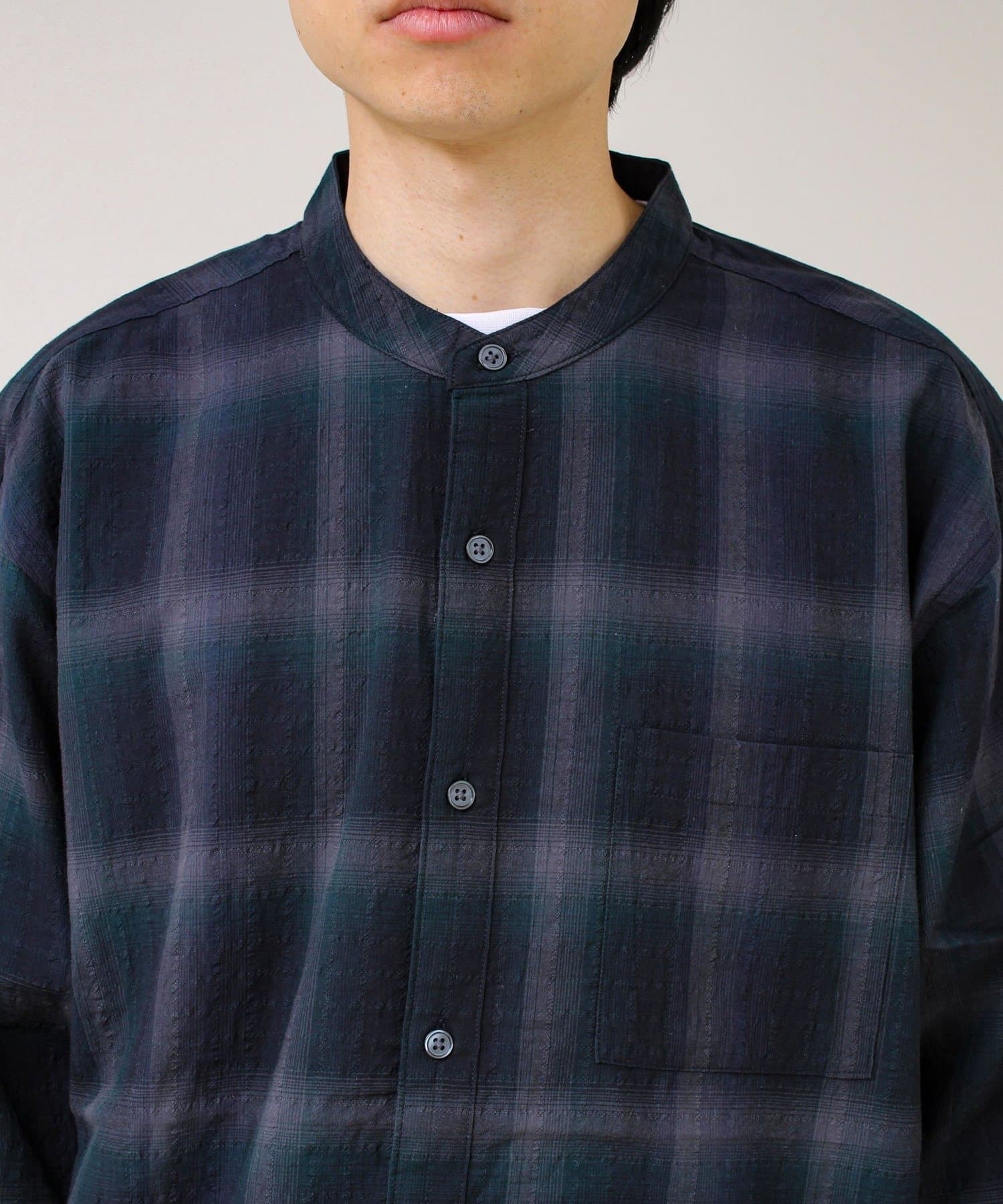 FREDY & GLOSTER(フレディ アンド グロスター) 【夏まで使える】テクスチャーバンドカラーチェックシャツ