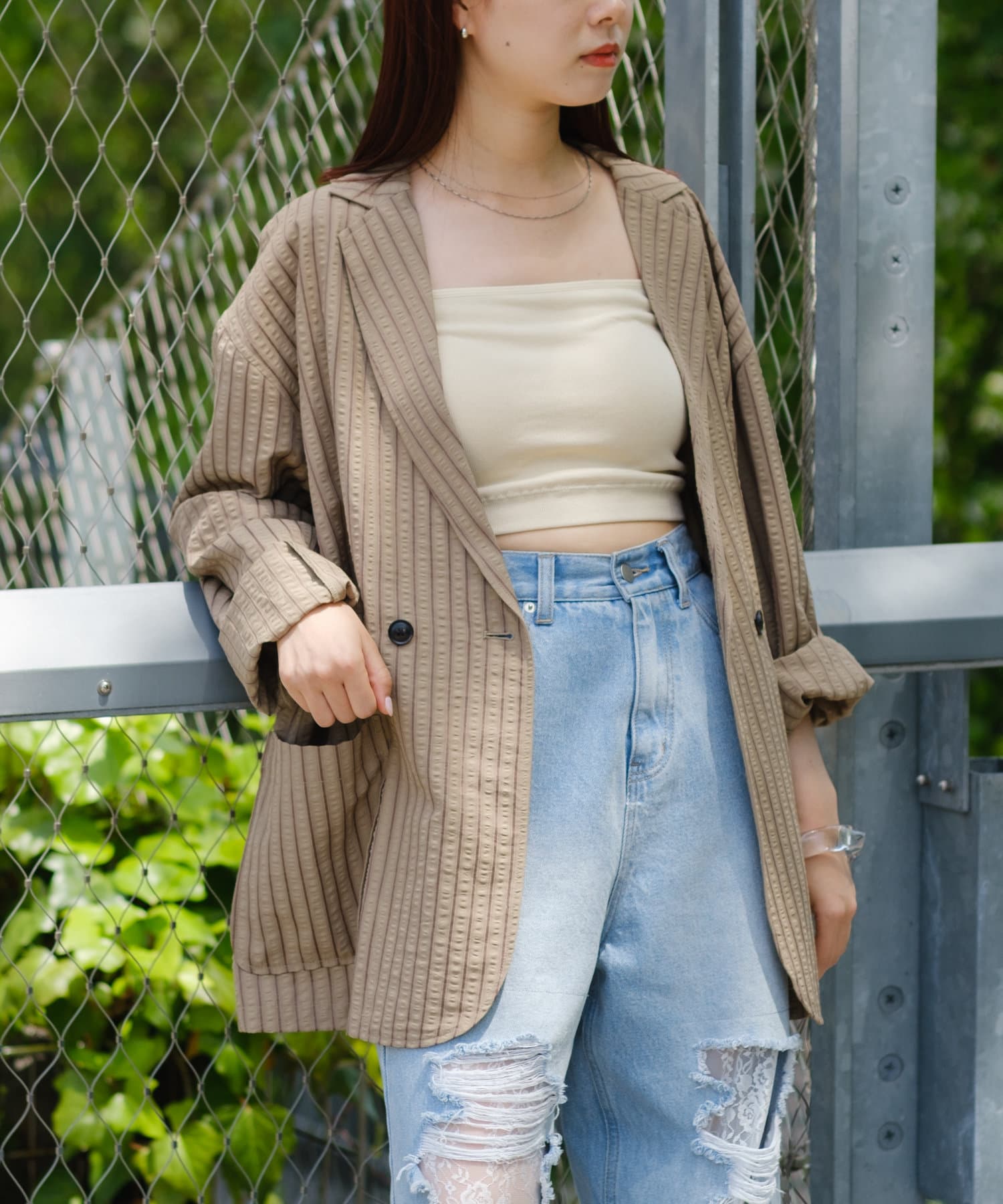 OUTLET(アウトレット) 【Kastane】シアサッカーストライプダブルジャケット