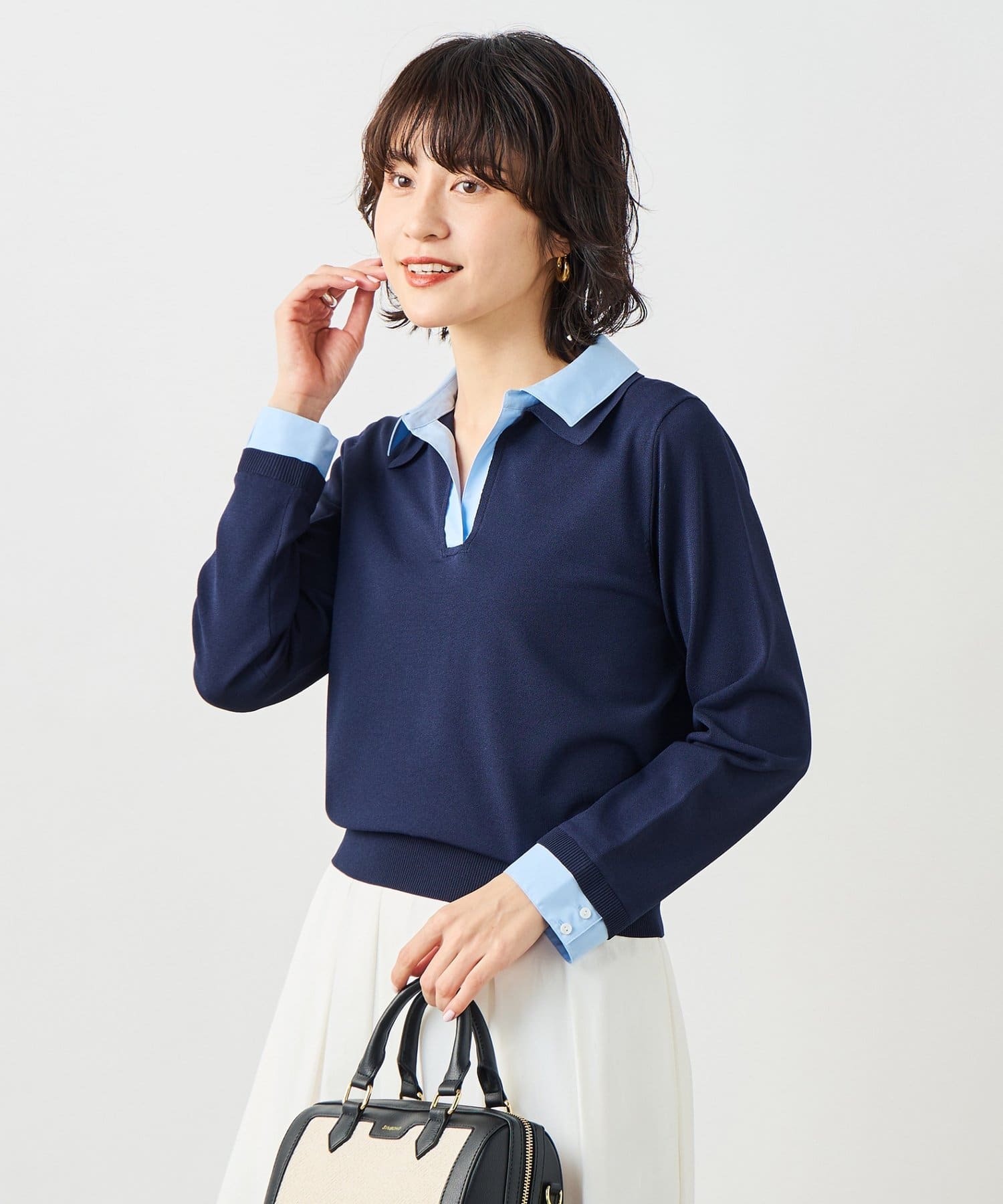 NOLLEY'S(ノーリーズ) 《手洗い可能》シャツレイヤード風スキッパーポロニット