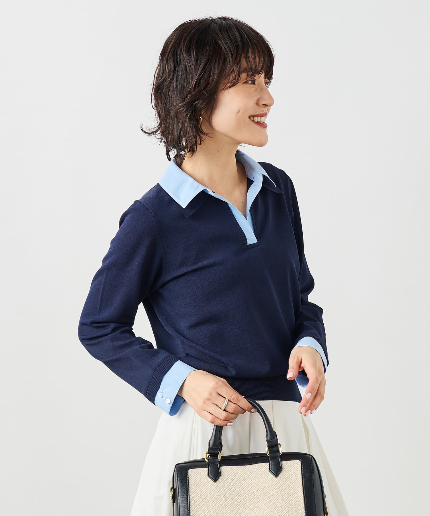 NOLLEY'S(ノーリーズ) 《手洗い可能》シャツレイヤード風スキッパーポロニット