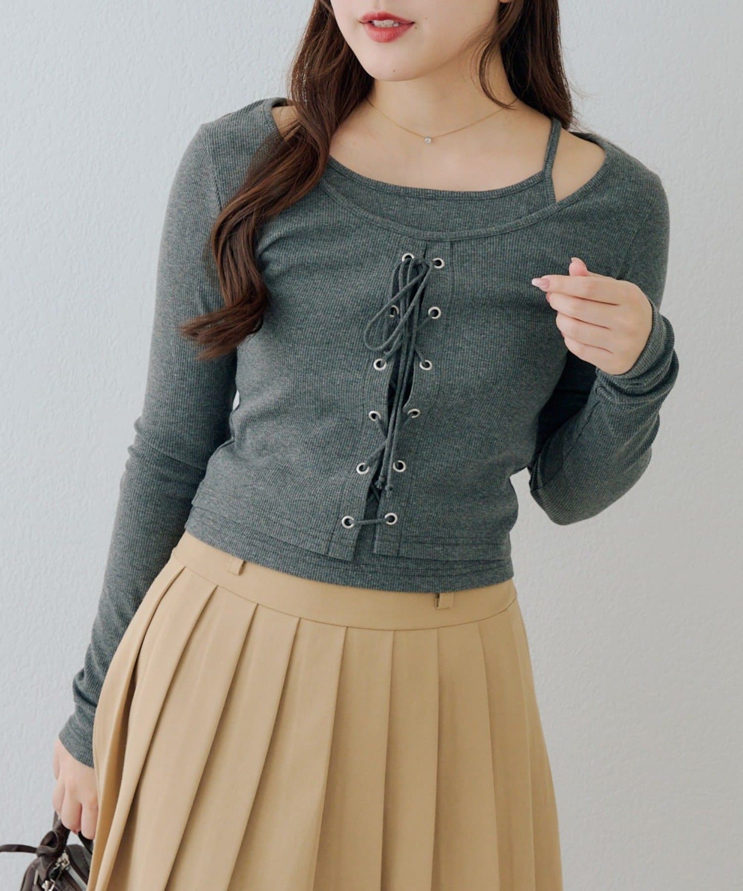 NICE CLAUP / OLIVE des OLIVE OUTLET(ナイスクラップ  / オリーブ デ オリーブ アウトレット) 【RMAF】レースアップドッキング長袖Ｔシャツ