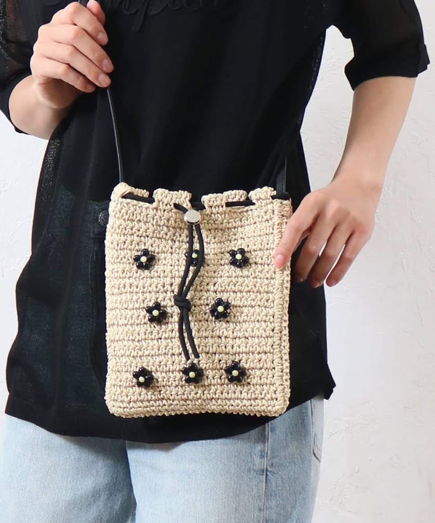 DISCOAT(ディスコート) 雑材フラワービーズ巾着ショルダーバッグ