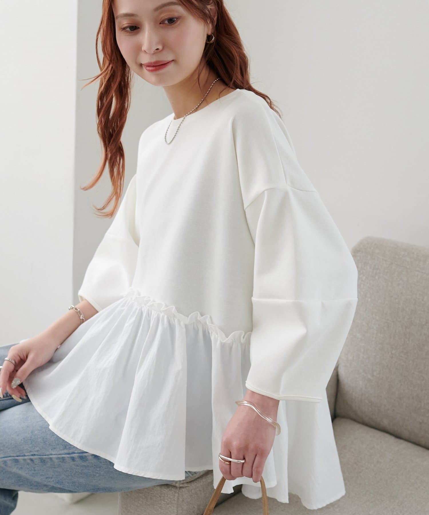 DISCOAT(ディスコート) 【WEB限定】裾布帛ドッキングプルオーバー