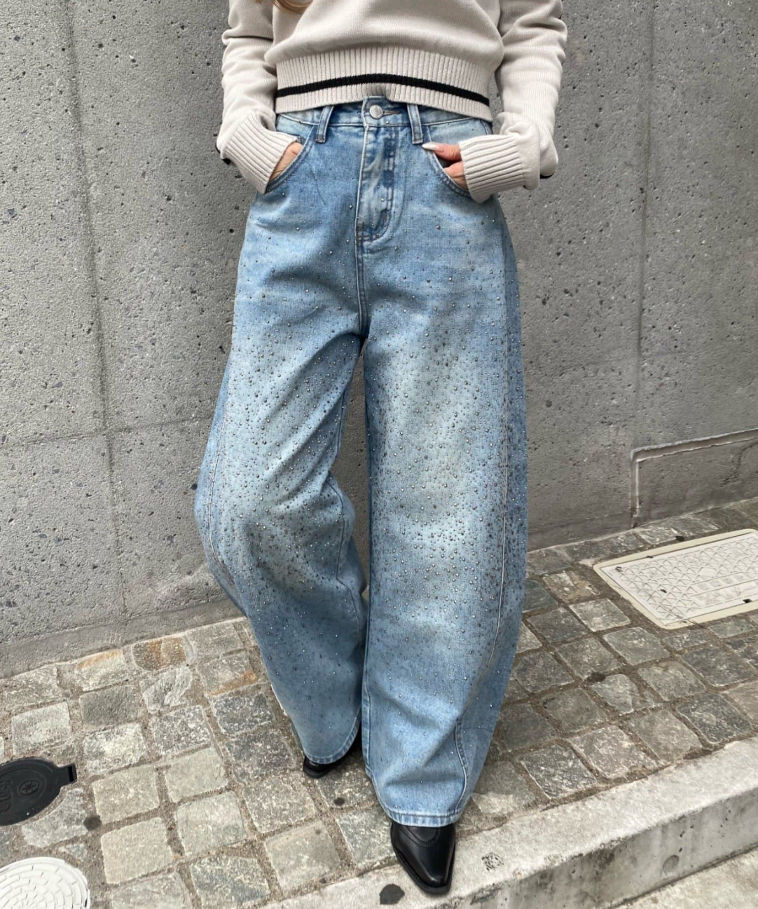 RAY CASSIN(レイカズン) ラインストーンバレルデニムパンツ