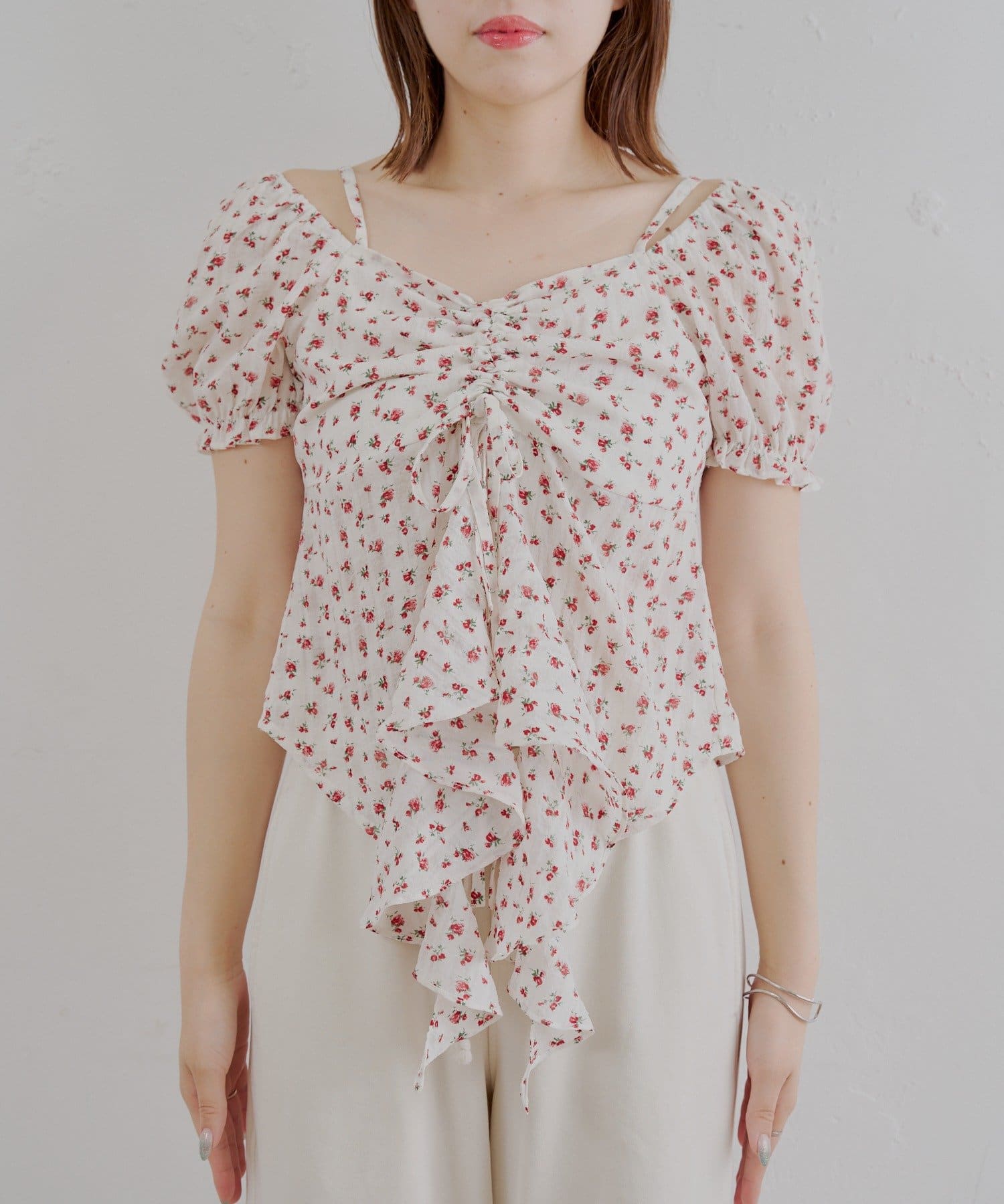 OUTLET(アウトレット) 【Chico】２wayパフスリーブドロップフリルブラウス