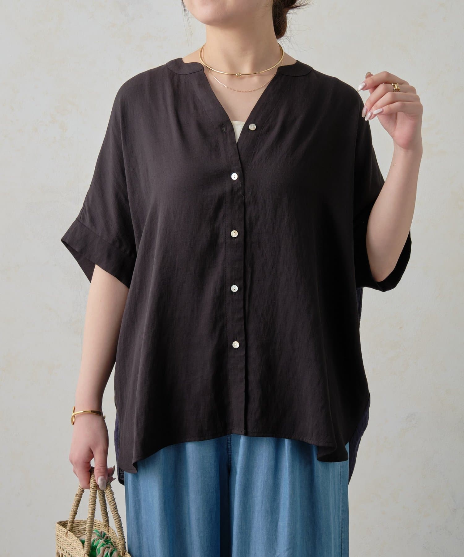 Jena　espace merveilleux(ジェナ　エスパスメルヴェイユ) バックギャザー異素材シャツ