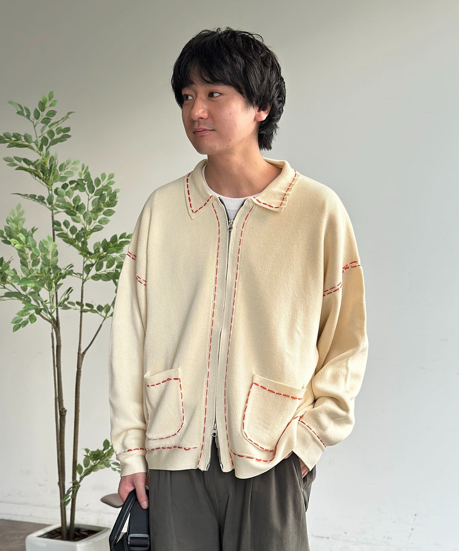 CPCM(シーピーシーエム) 配色ステッチニットジップカーデ