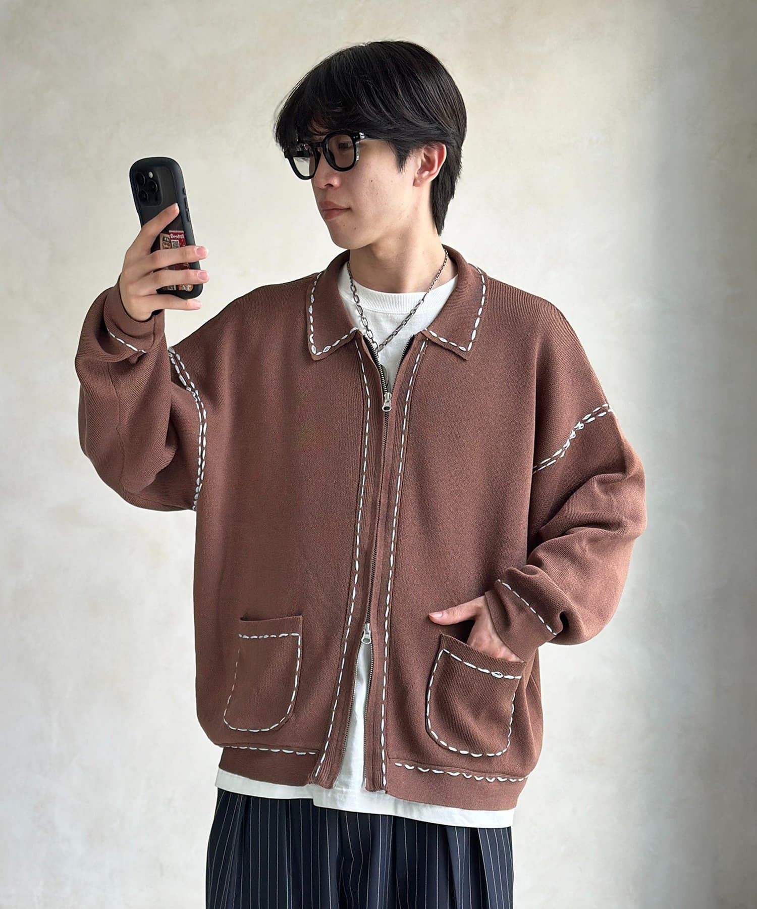 CPCM(シーピーシーエム) 配色ステッチニットジップカーデ