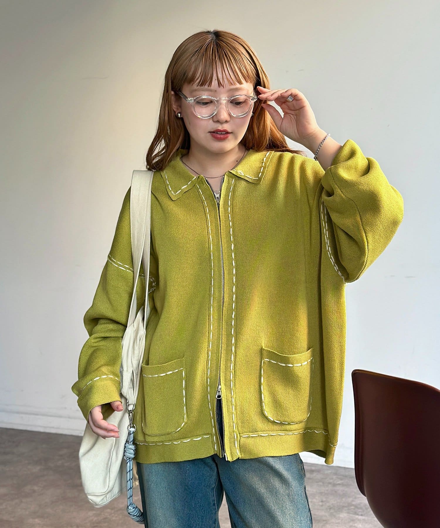 CPCM(シーピーシーエム) 配色ステッチニットジップカーデ