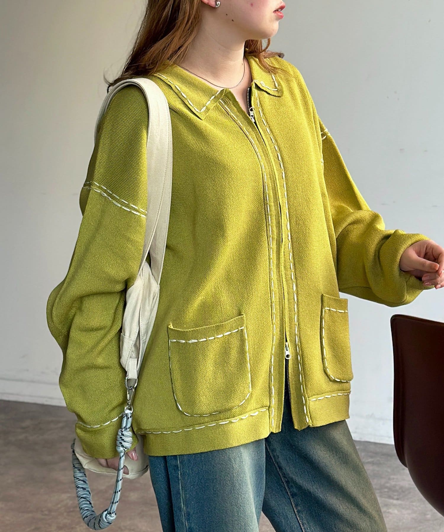 CPCM(シーピーシーエム) 配色ステッチニットジップカーデ