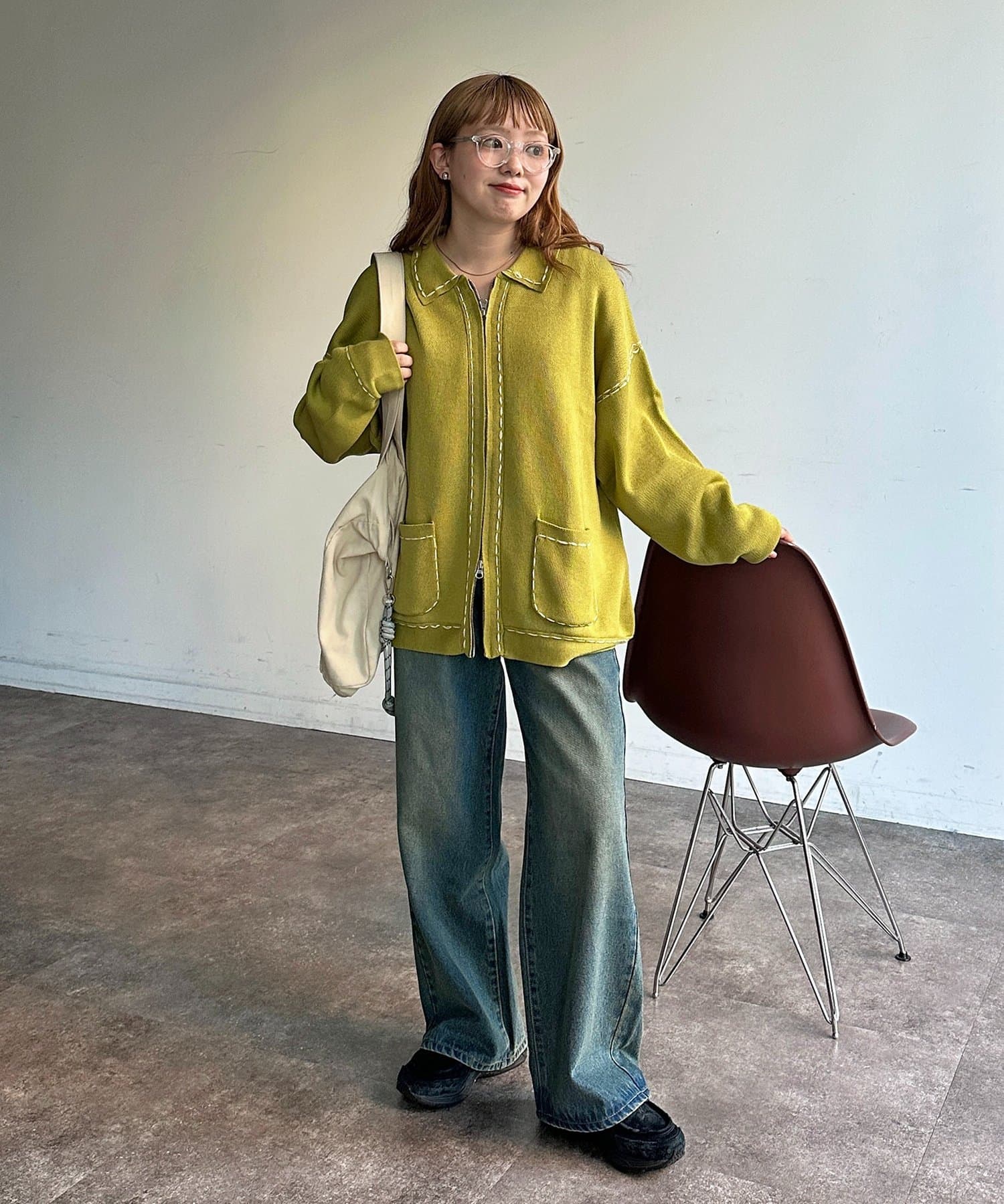 CPCM(シーピーシーエム) 配色ステッチニットジップカーデ