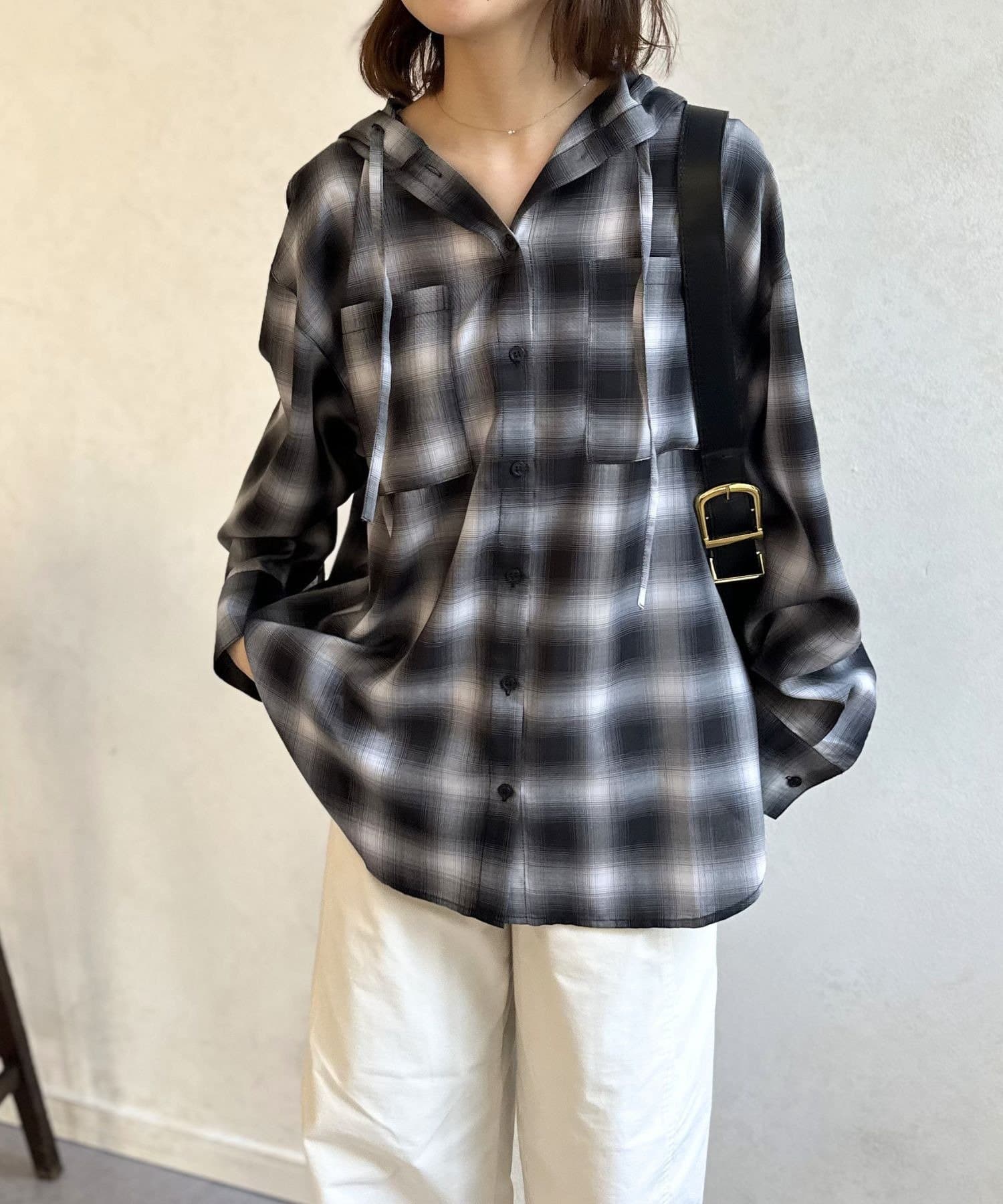 LOCUST(ローカスト) 【シアー素材】フードチェックロングシャツ