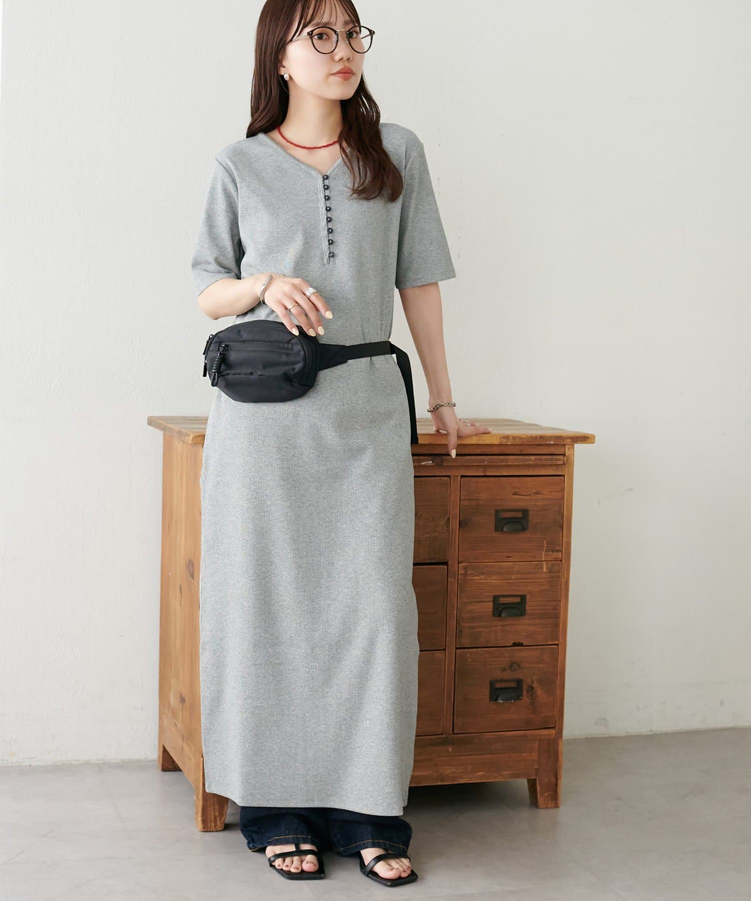 DISCOAT(ディスコート) リブピコレースヘンリーカット半袖ワンピース