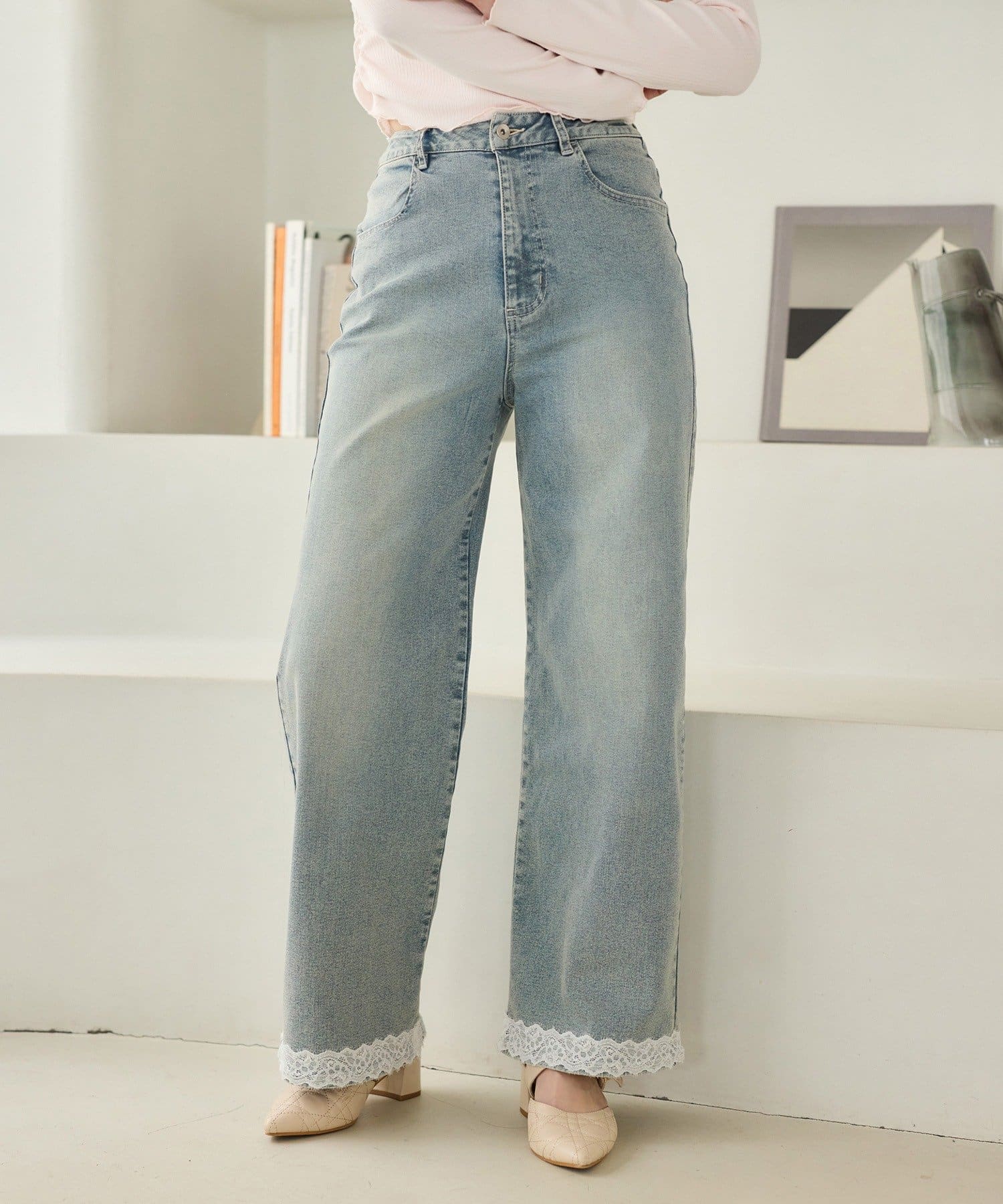 one after another NICE CLAUP(ワンアフターアナザー ナイスクラップ) 【ウエスト調整可】レースポケットワイドデニム/SMサイズ展開あり