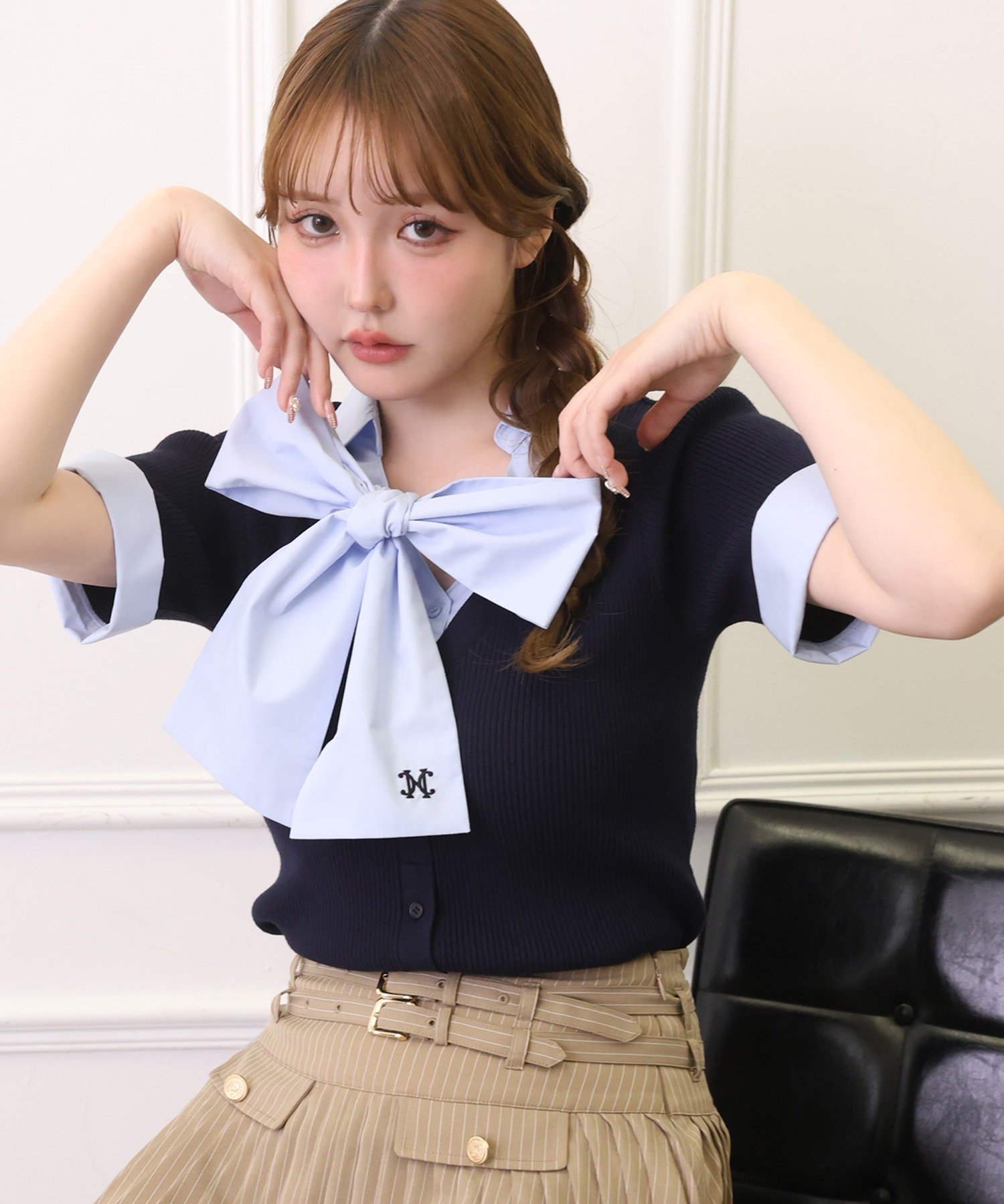 one after another NICE CLAUP(ワンアフターアナザー ナイスクラップ) 【リボン取り外し可能】リボンシャツドッキングニット