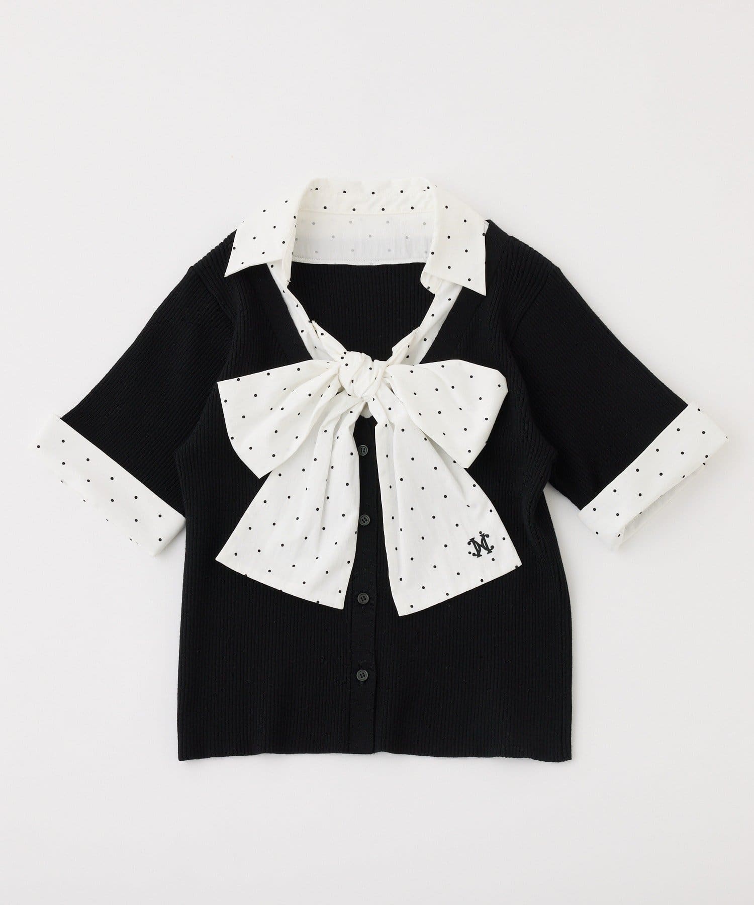 one after another NICE CLAUP(ワンアフターアナザー ナイスクラップ) 【リボン取り外し可能】リボンシャツドッキングニット