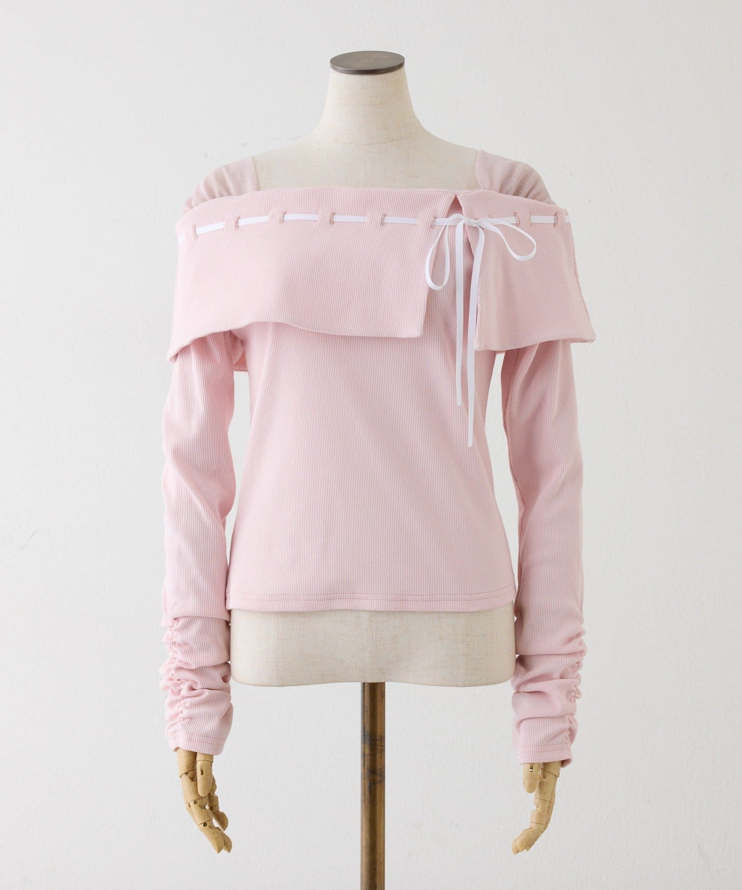 one after another NICE CLAUP(ワンアフターアナザー ナイスクラップ) 配色リボンオフショルトップス