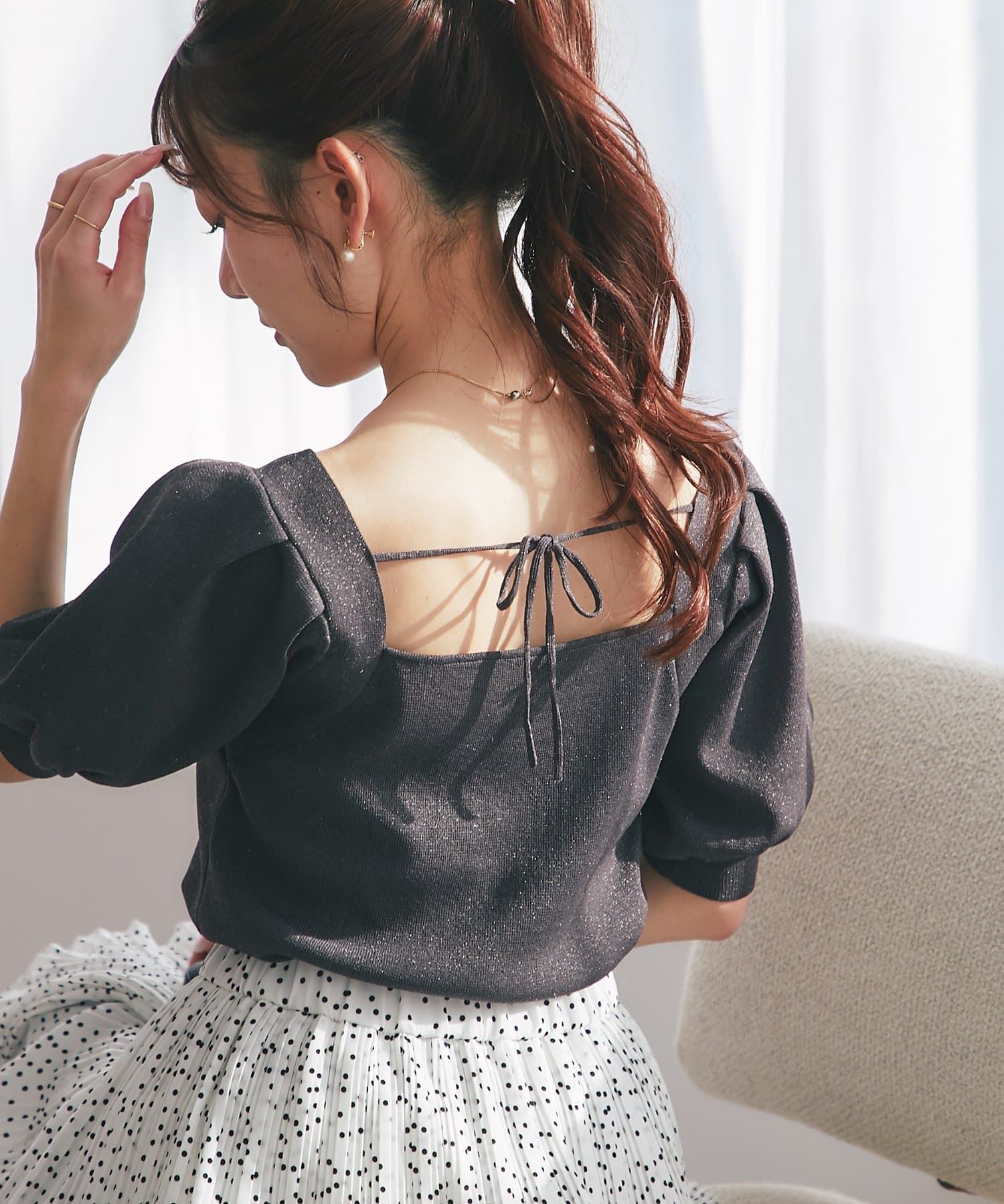 La boutique BonBon(ラブティックボンボン) 【接触冷感・最強愛され】クールタッチUVラメ前後2WAYスクエアネックニット