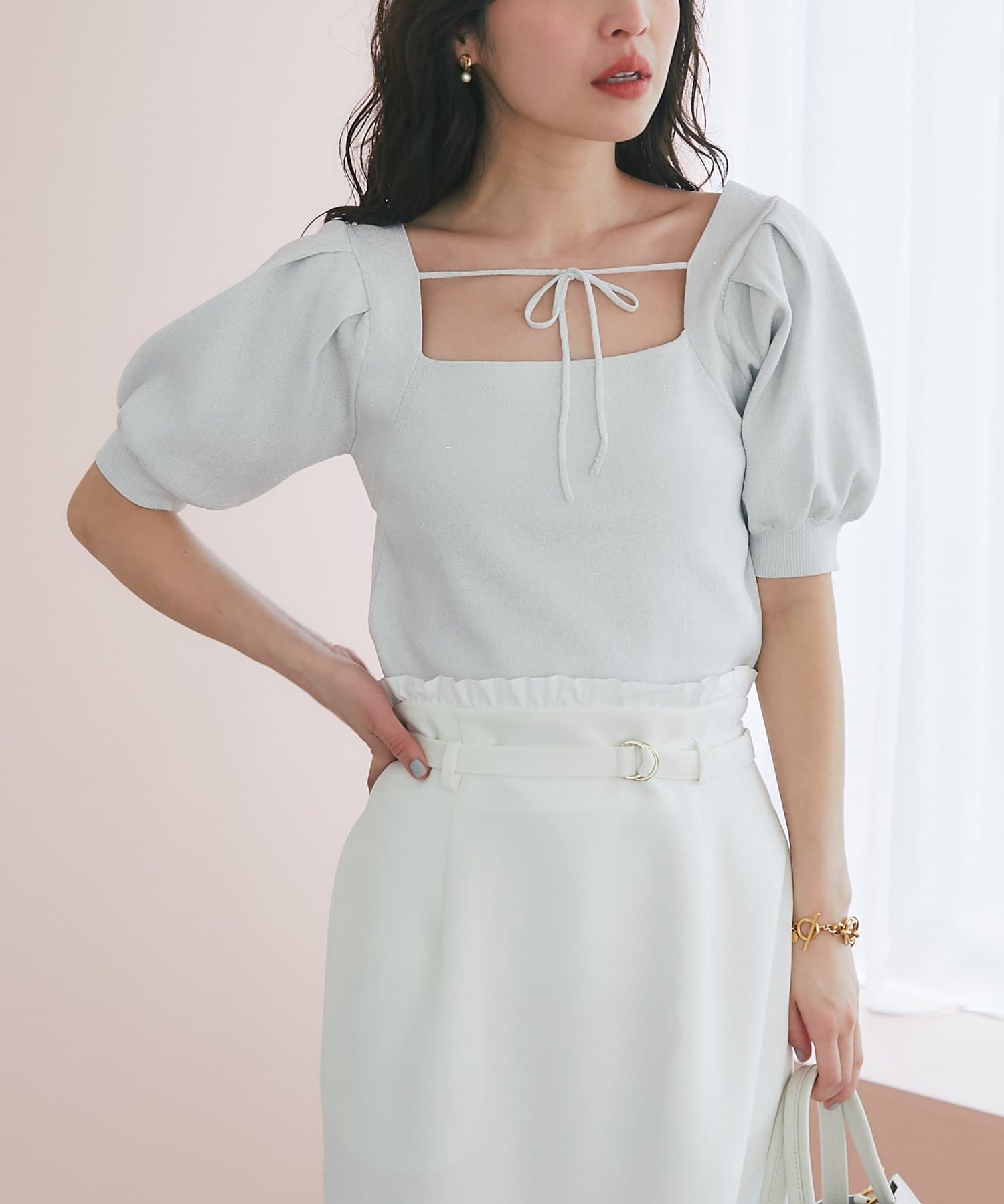 La boutique BonBon(ラブティックボンボン) 【接触冷感・最強愛され】クールタッチUVラメ前後2WAYスクエアネックニット