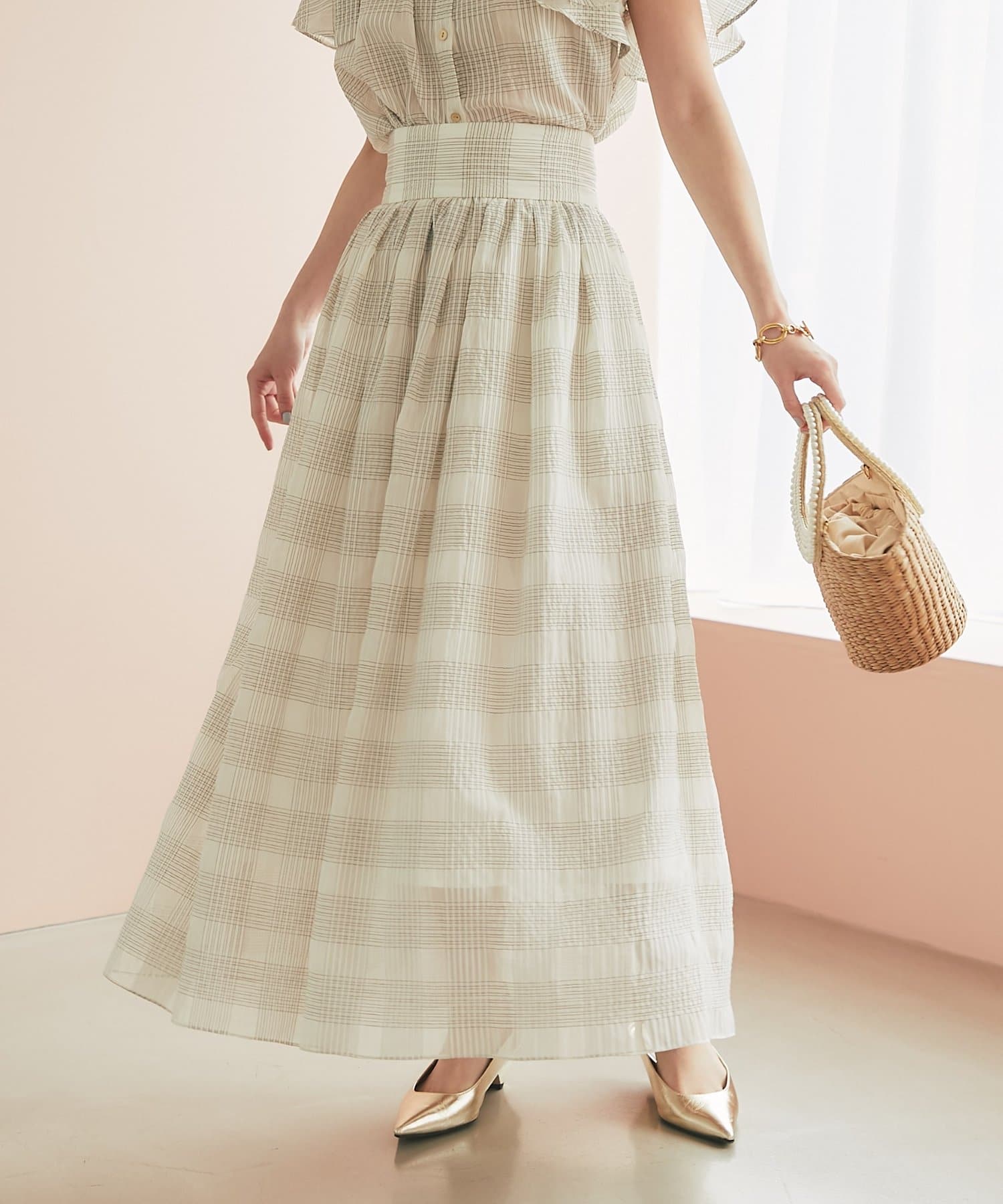 La boutique BonBon(ラブティックボンボン) 【セットアップ可・清涼感・お上品】シアーチェックギャザーロングスカート