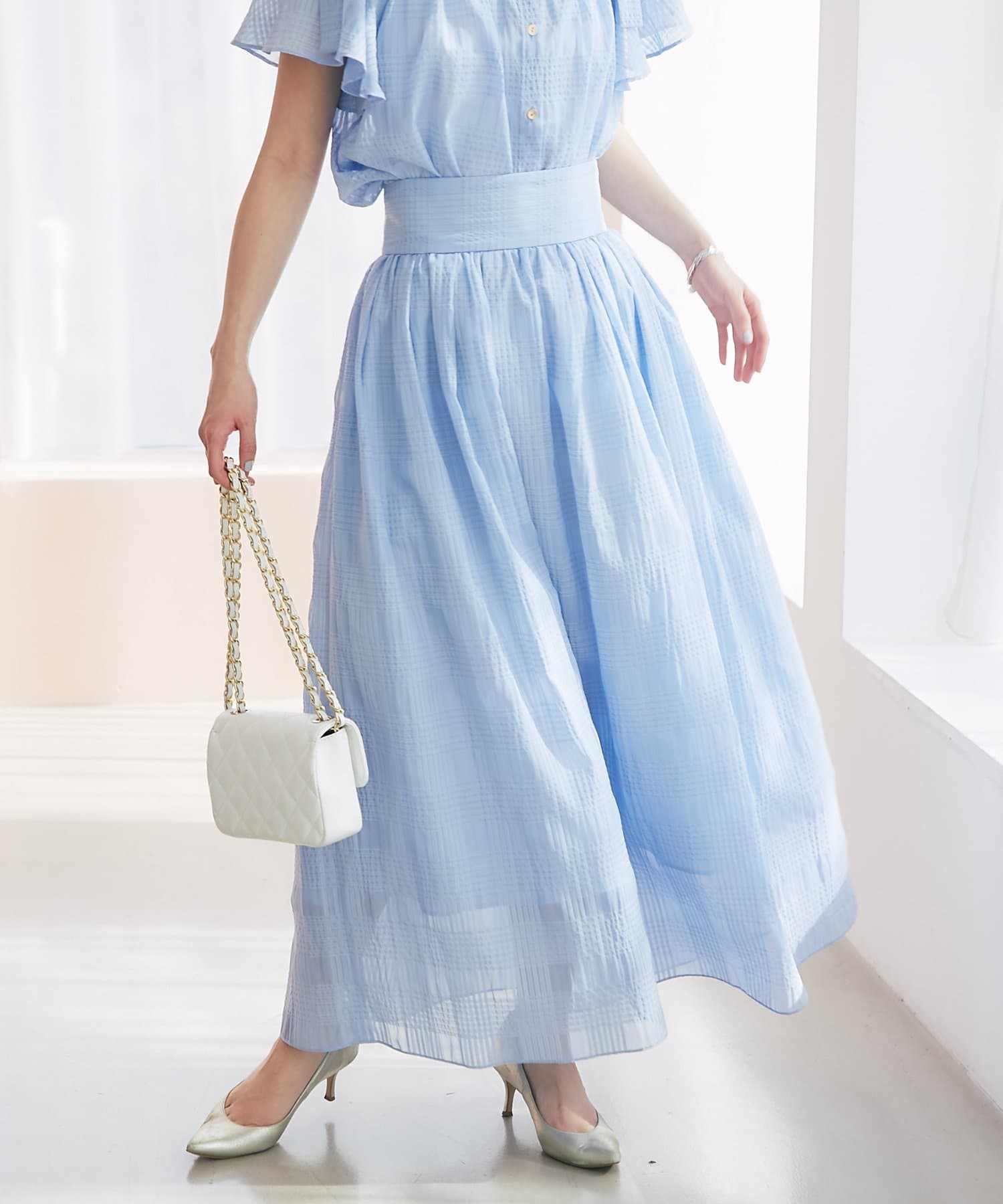 La boutique BonBon(ラブティックボンボン) 【セットアップ可・清涼感・お上品】シアーチェックギャザーロングスカート