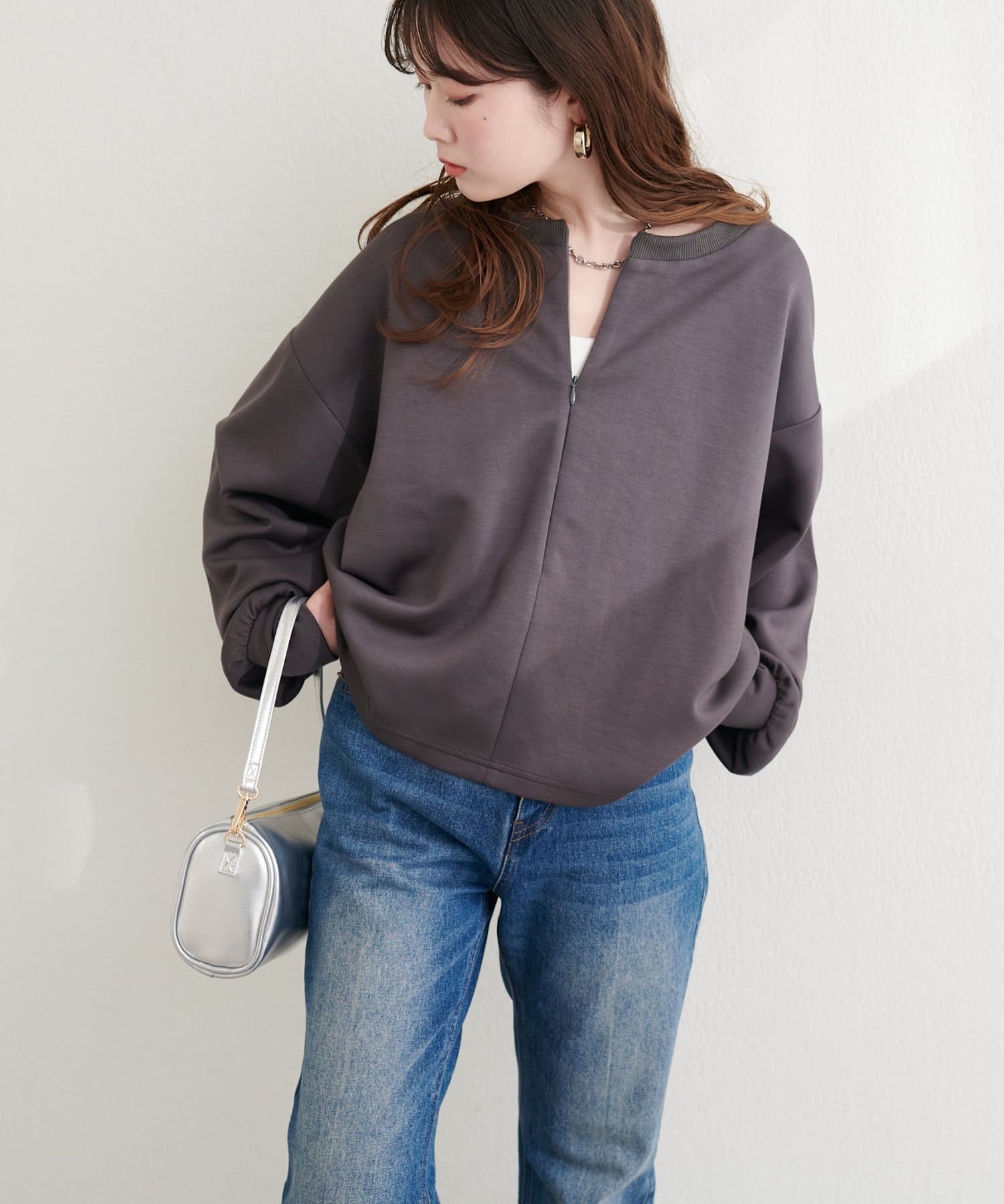 natural couture(ナチュラルクチュール) 〈ako〉ハーフジップ付きダンボールプルオーバー