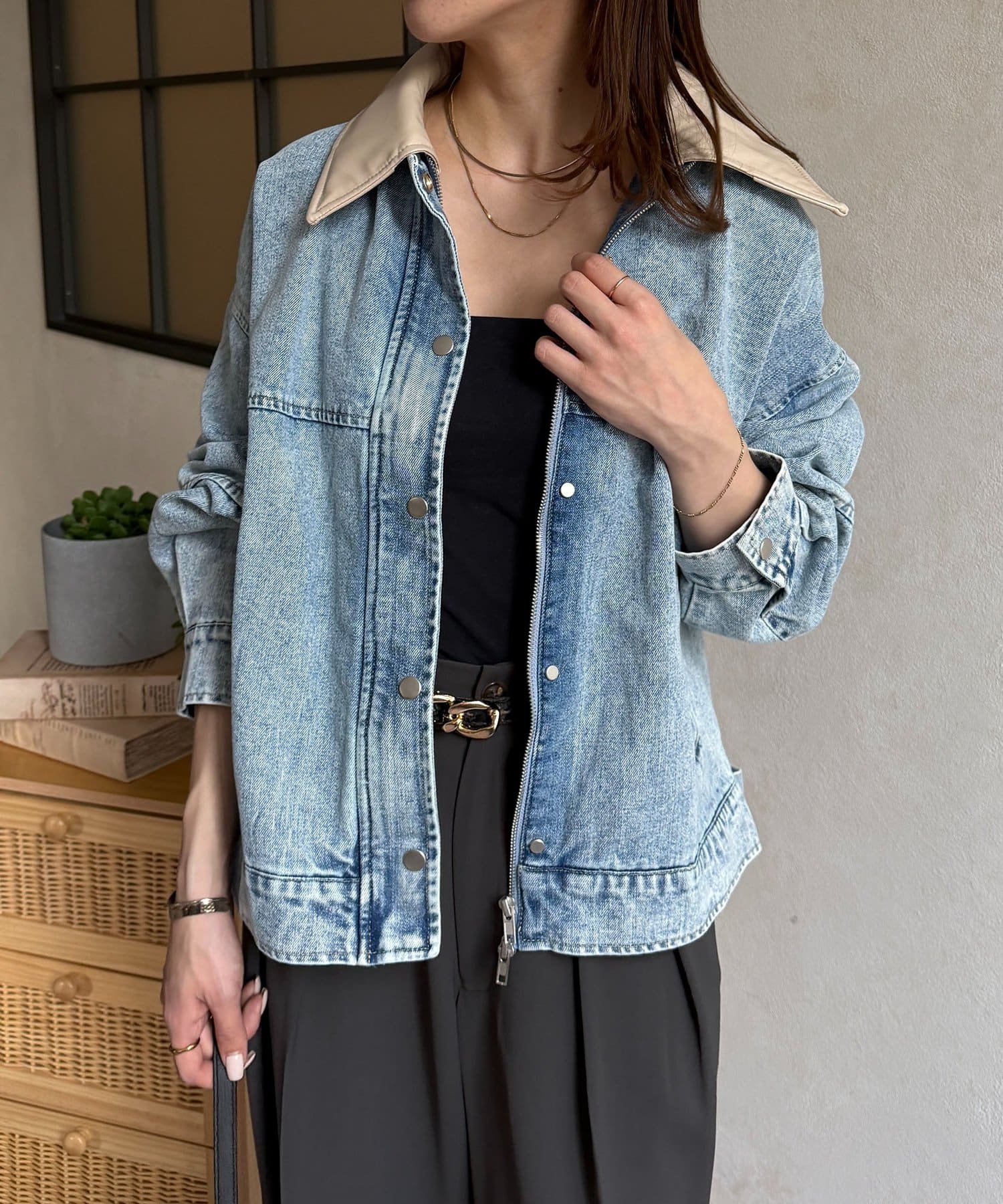 Thevon.(ゼヴォン) 襟合皮ZIPデニムブルゾン